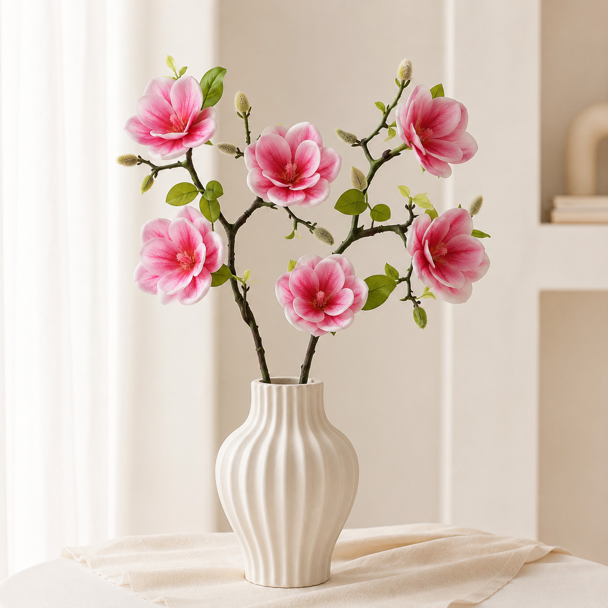 Set of 2 Pink Purple Faux Magnolia Stems 3 Head Artificial Flowers Home Decor