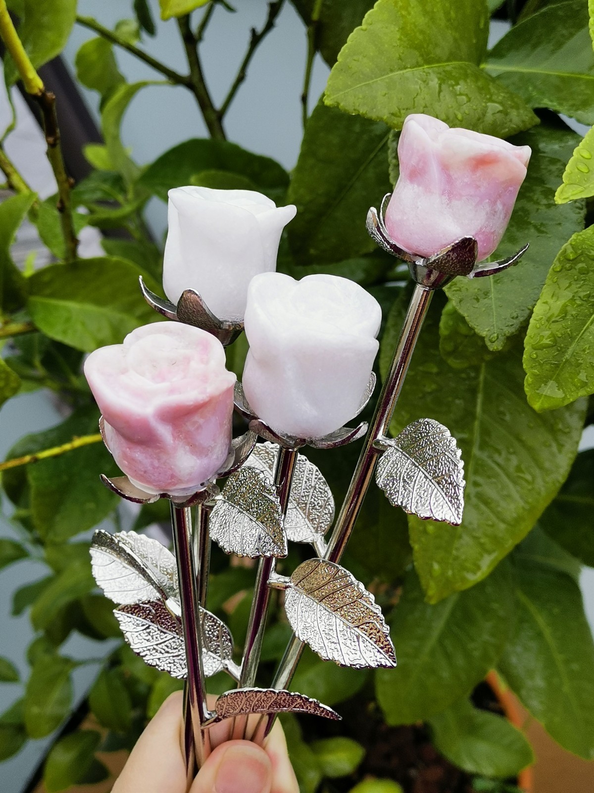 Pink Opal and White Jade rose with silver stem , Decorative Collectible