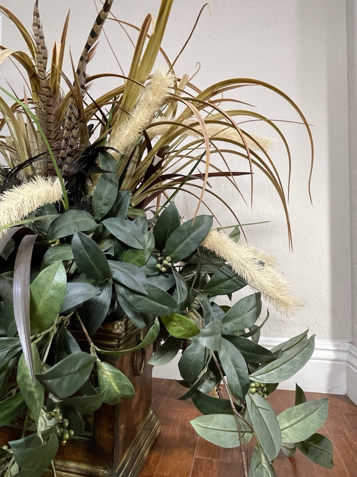 Artificial Floral Arrangement Faux Grass Cattails Pheasant Feathers Tin Planter