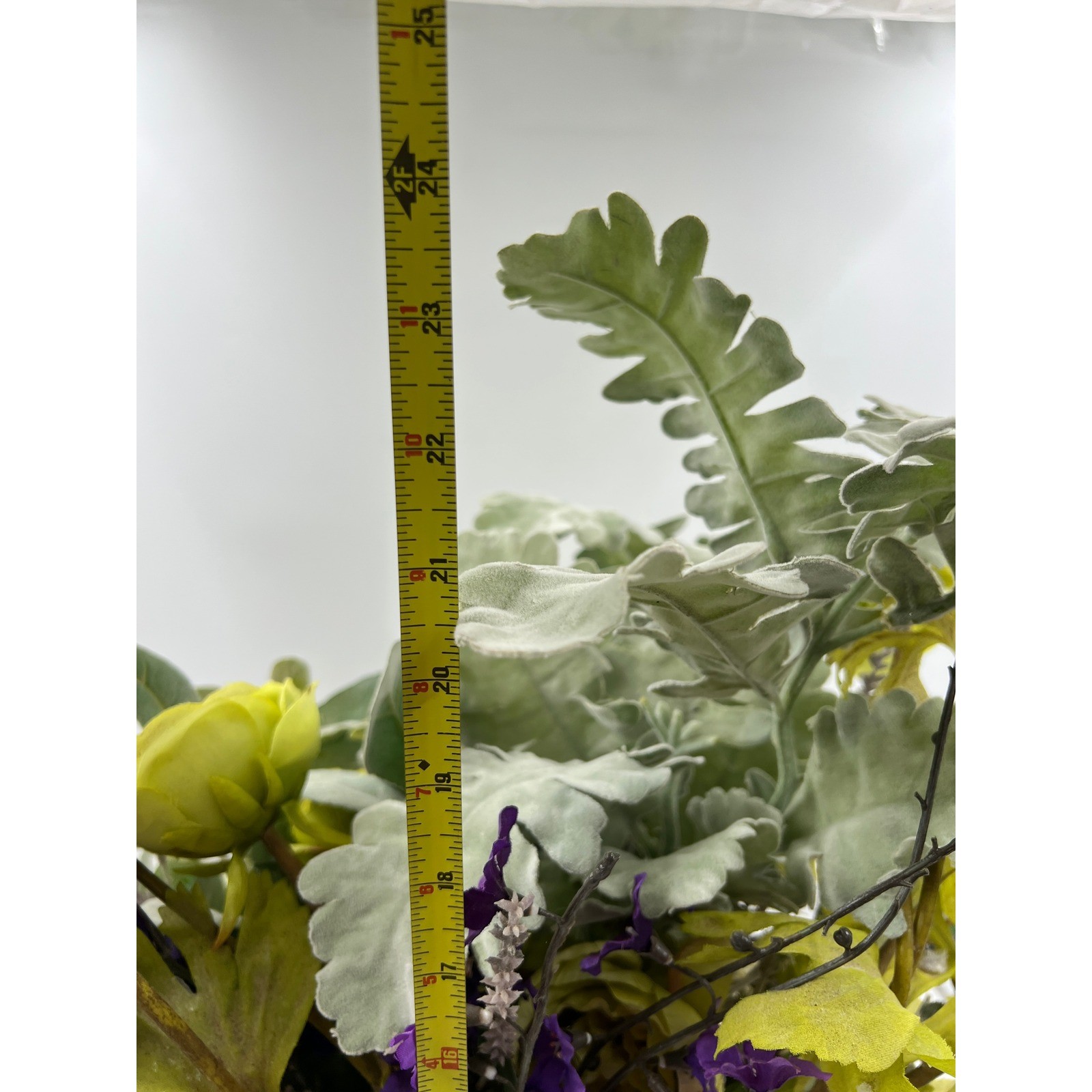 Artificial Lime Green Ranunculus & Purple Floral Arrangement in Wicker Basket