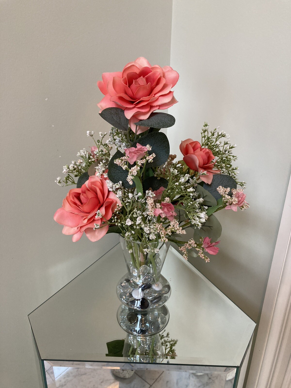 Artificial Floral Arrangement peach &white,glass vase,faux water w/marble.16×11
