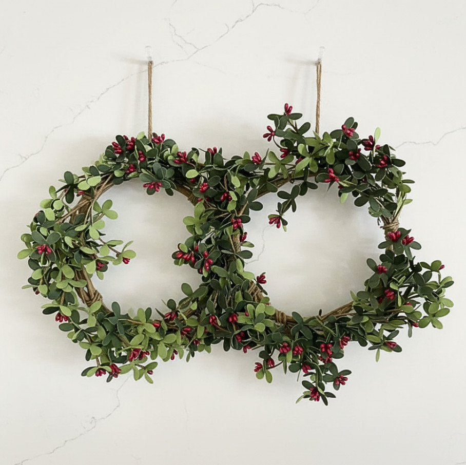 Set of 2 Red Berry Wreaths Red Pip Berries & Dark Green EVA Leaves 12″ Wide