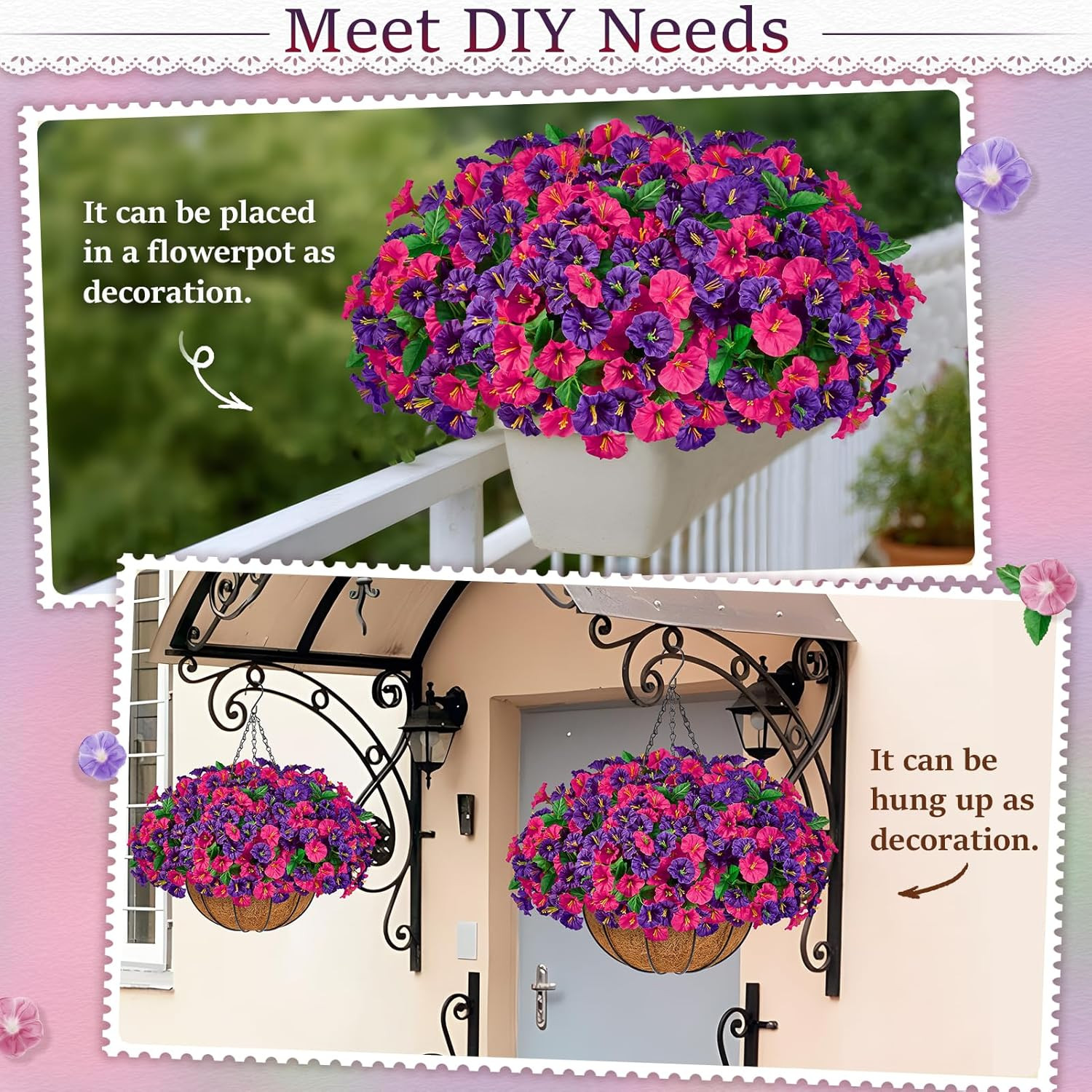 TTQ Set of 2 Artificial Hanging Flower Baskets for Outdoor Decor, 16 Bundles Fau