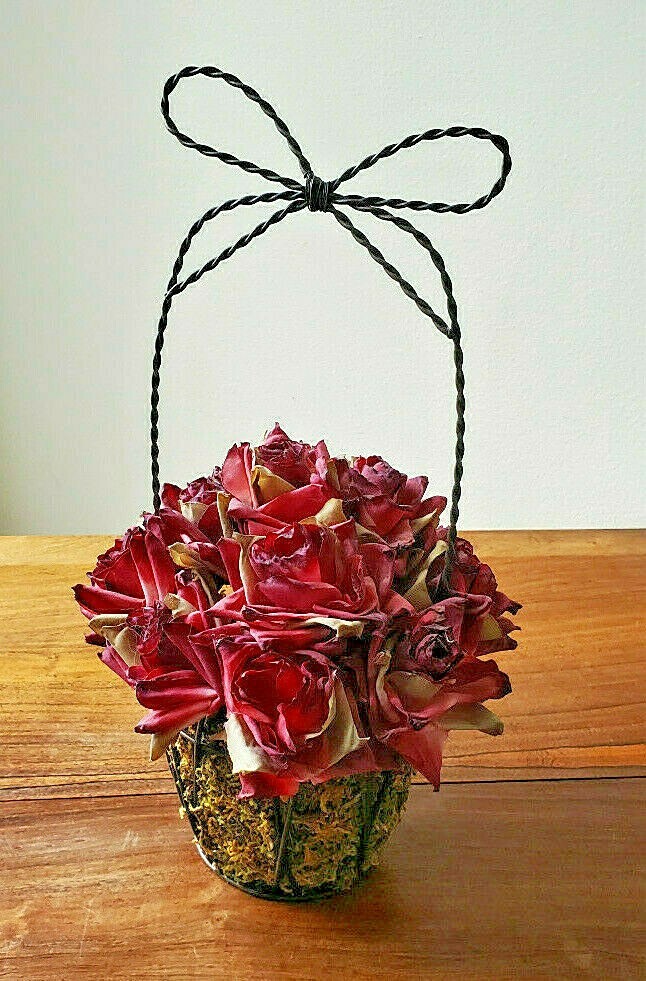 Artificial Fall Bouquet Of Roses In A Black Intertwined Wired Basket