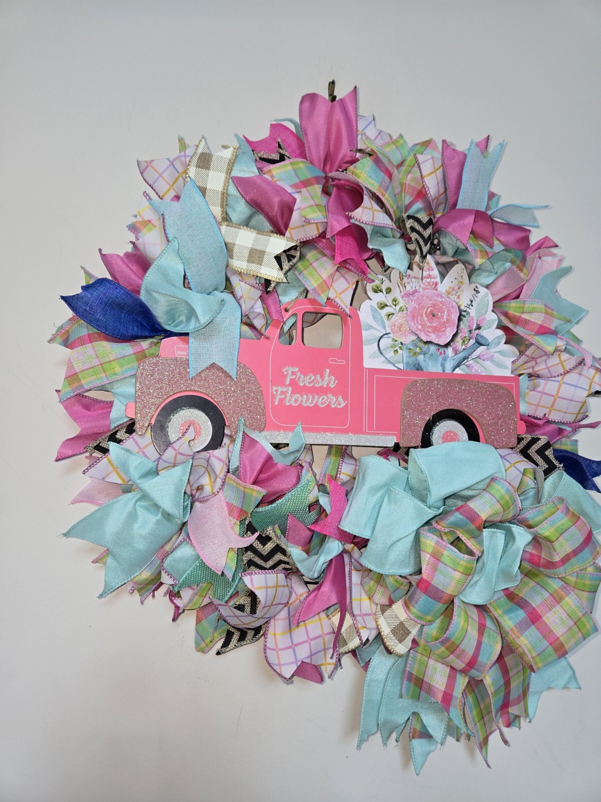 FRESH FLOWERS pink Truck WREATH Spring SUMMER Fall Front Door Wall Decor BIG BOW