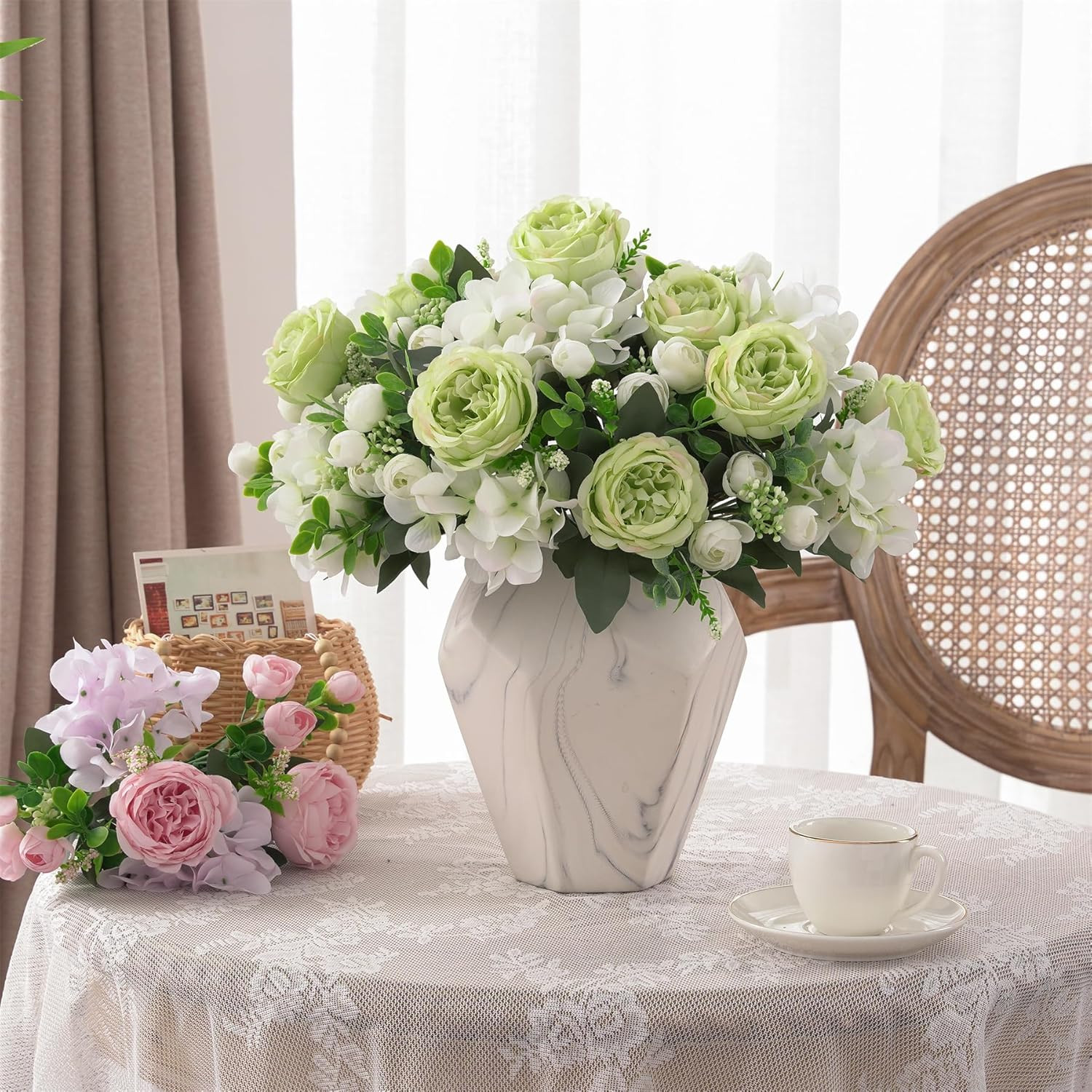 2 Bunches Green Peony Artificial Flowers for Decoration Faux Rose Fake Bouquet S