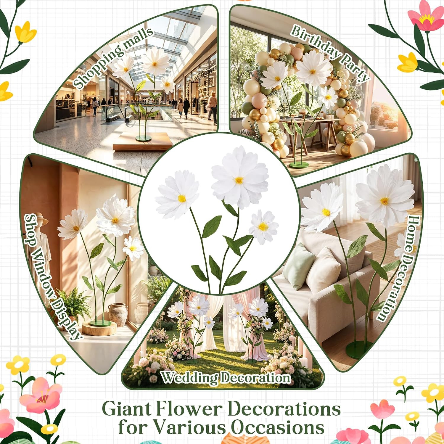 6Ft White Giant Flowers for Decoration with Stand, Large Artificial Silk Daisy,