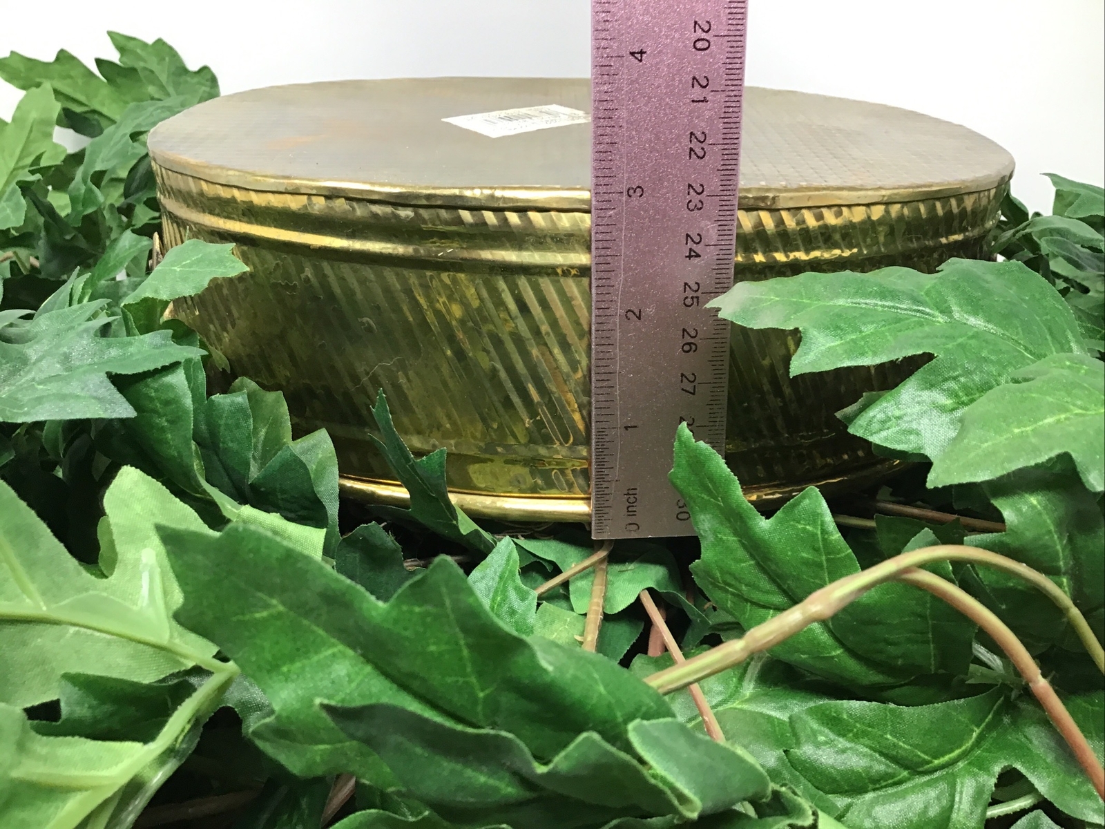 Large Artificial Silk Green Leafy Plant In Brass Hosley Planter