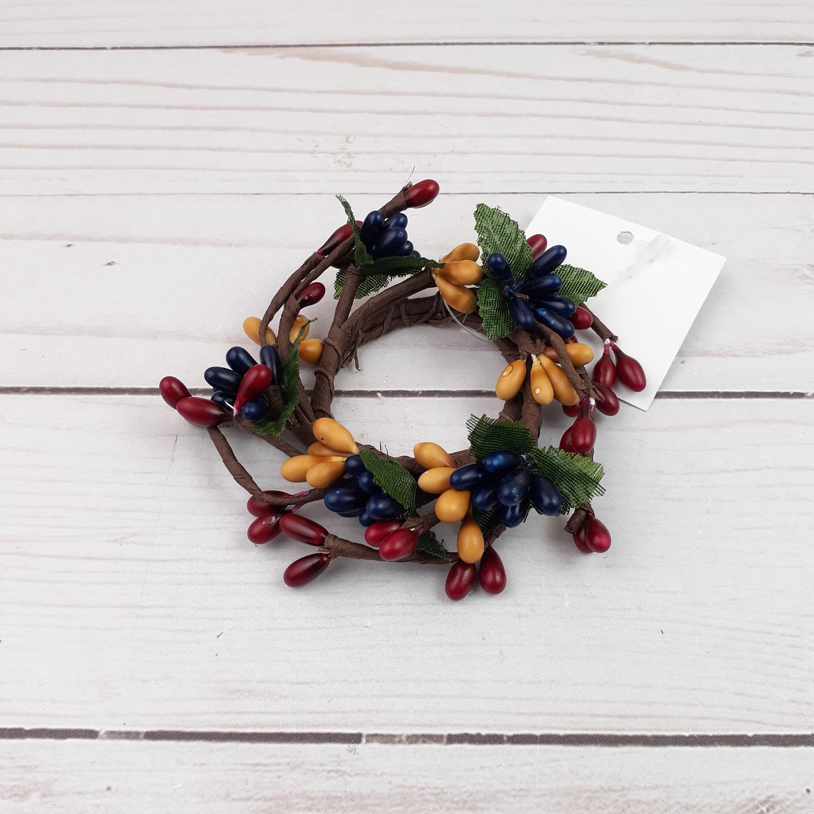 Mini Pip Berry Taper Candle Ring Colonial Mix Leaf Yellow Red Blue 1 inch inside