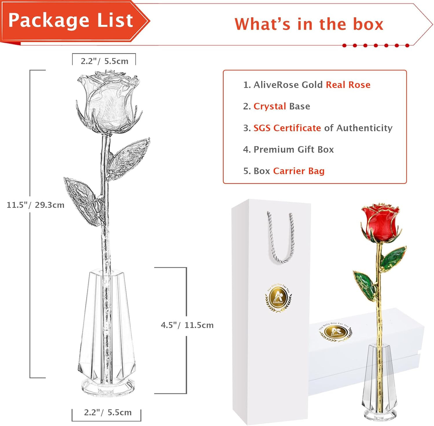 24K Gold Dipped Rose Gift Set with Crystal Vase for Her