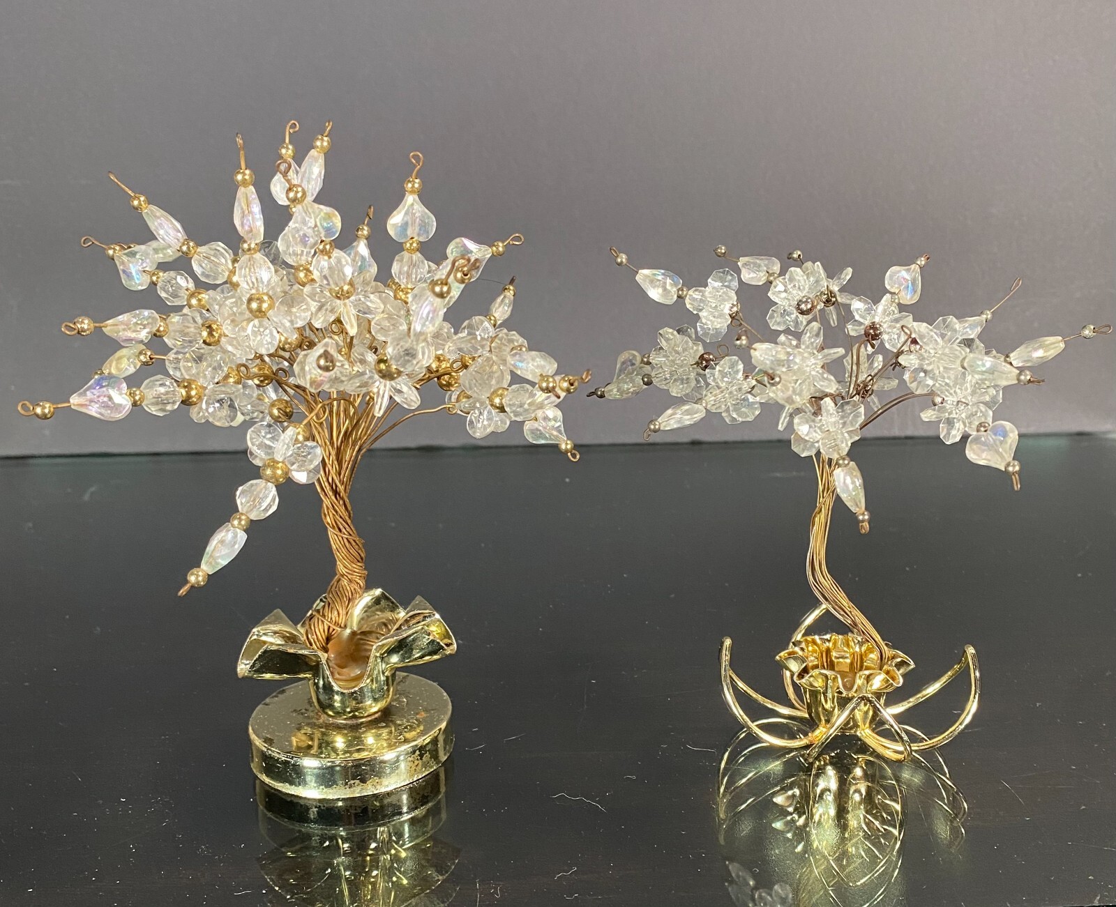 Vintage Twisted Wire Acrylic Beads Hearts Bonsai Money Luck Trees in Brass Pots