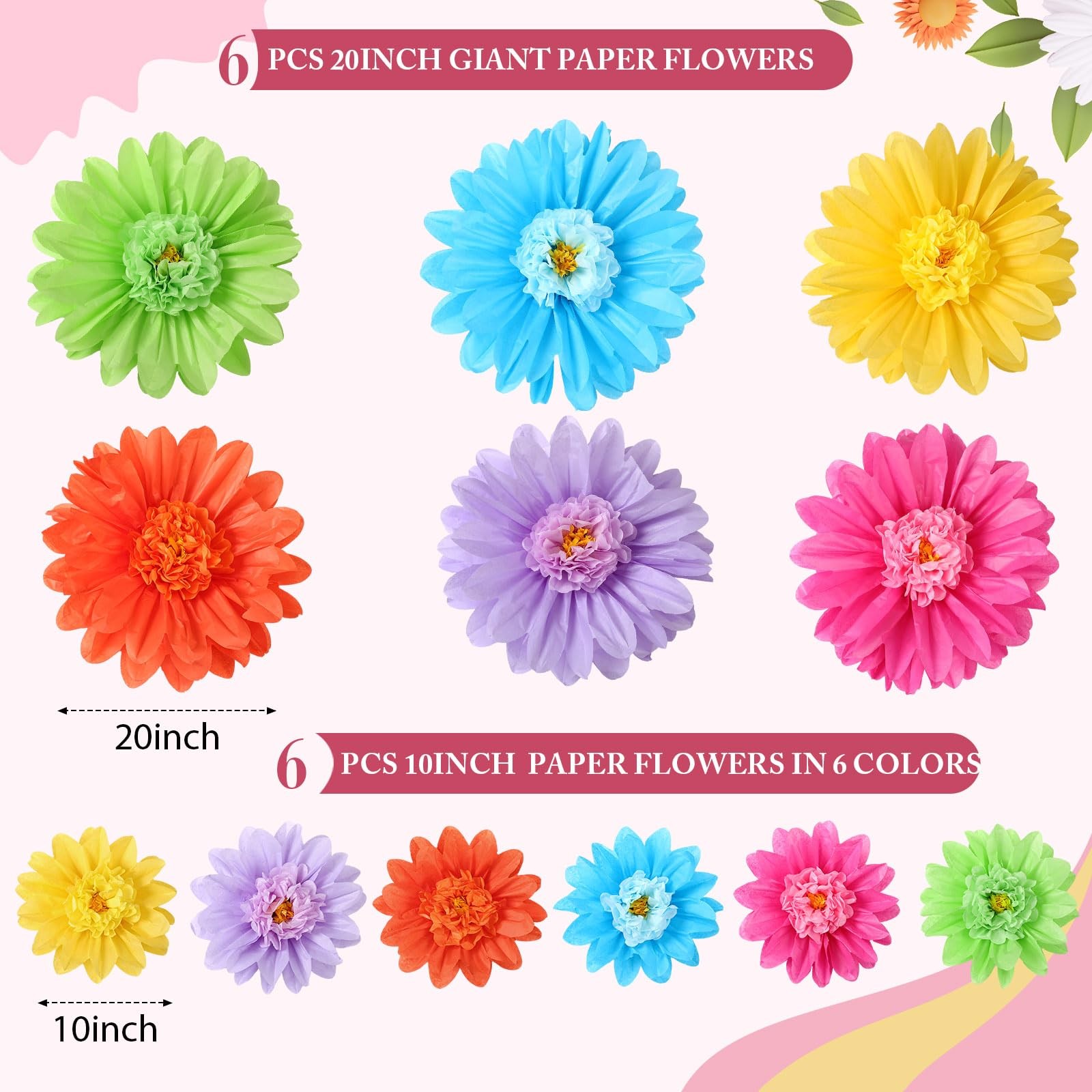 Tissue Paper Flowers 12 PCS Large Pastel 20/8 Inch Giant Rainbow Color