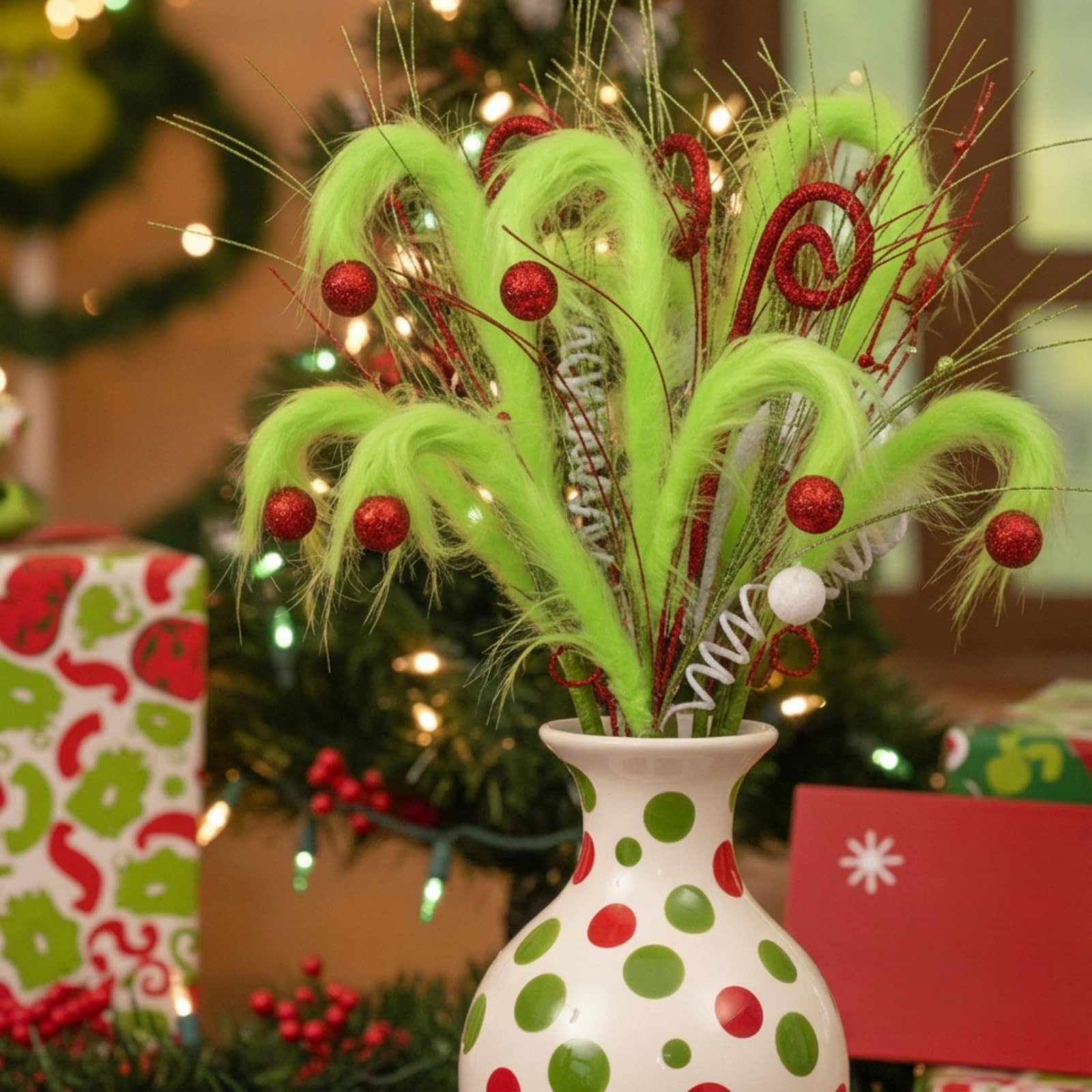6 Pcs 20 Inch Whimsical Lime Green Furry Curly Christmas Tree Picks and Spray…