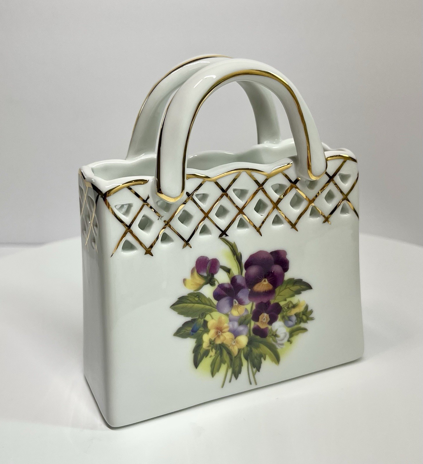 MCM Vintage Porcelain Purse Vase Pansies Old World Collection Figurine Flowers