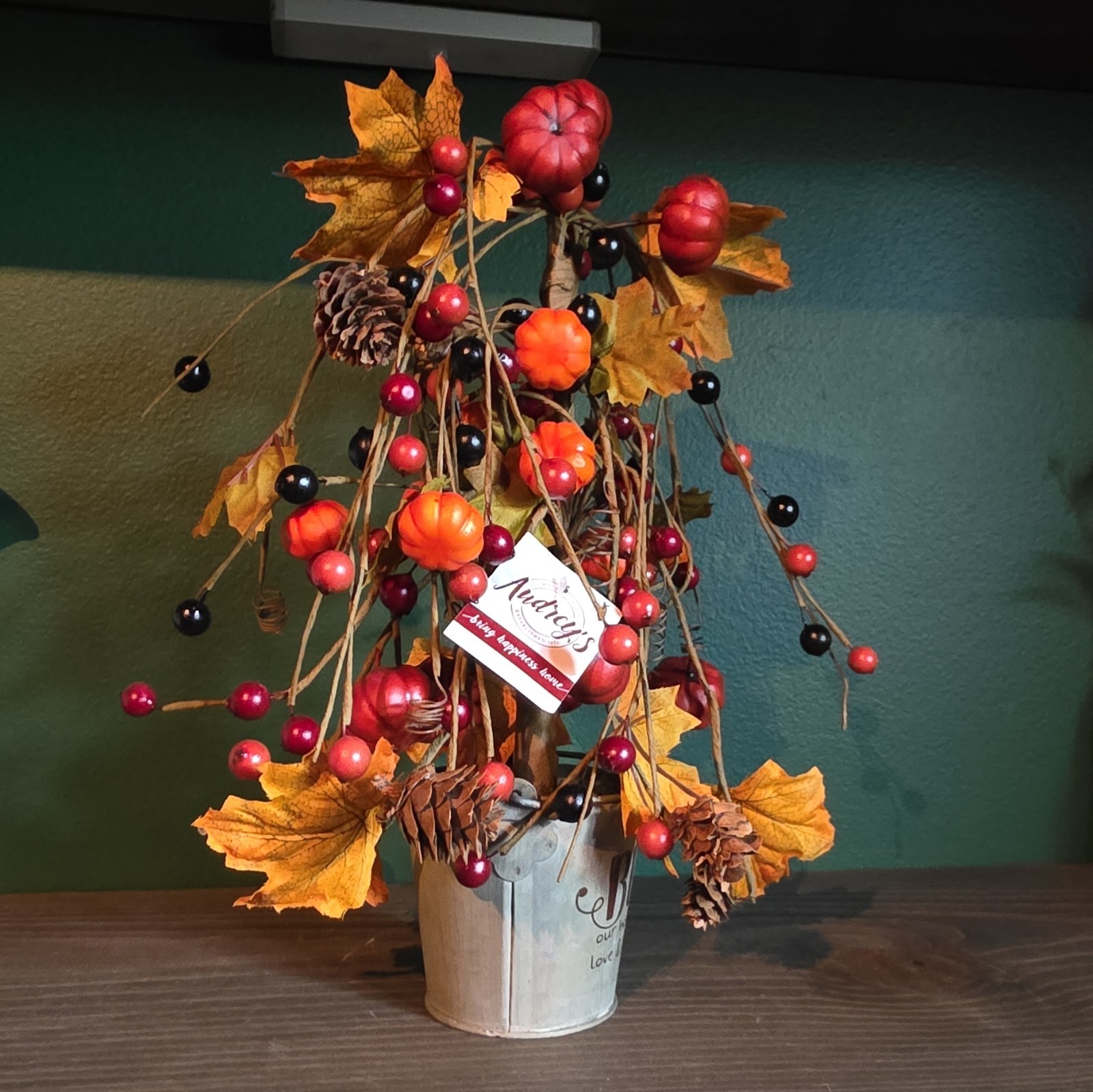Artificial Fall Floral Arrangement Pumpkin Berry Leaf Pinecone Metal Bucket