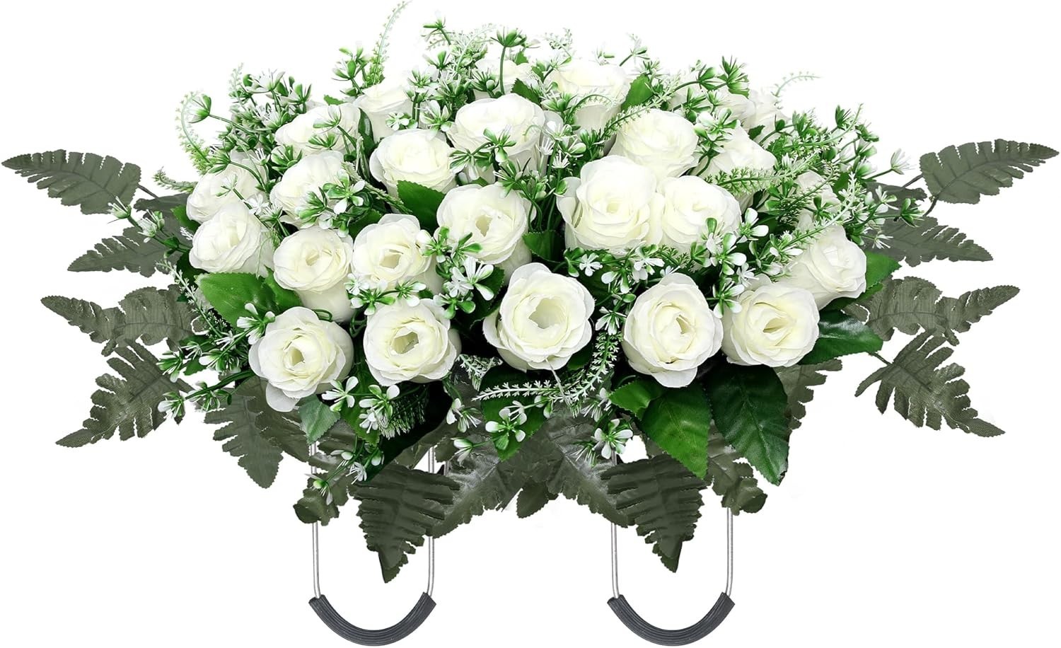 Headstone Flower Saddle Large White Artificial Roses for Cemetery Grave Decor