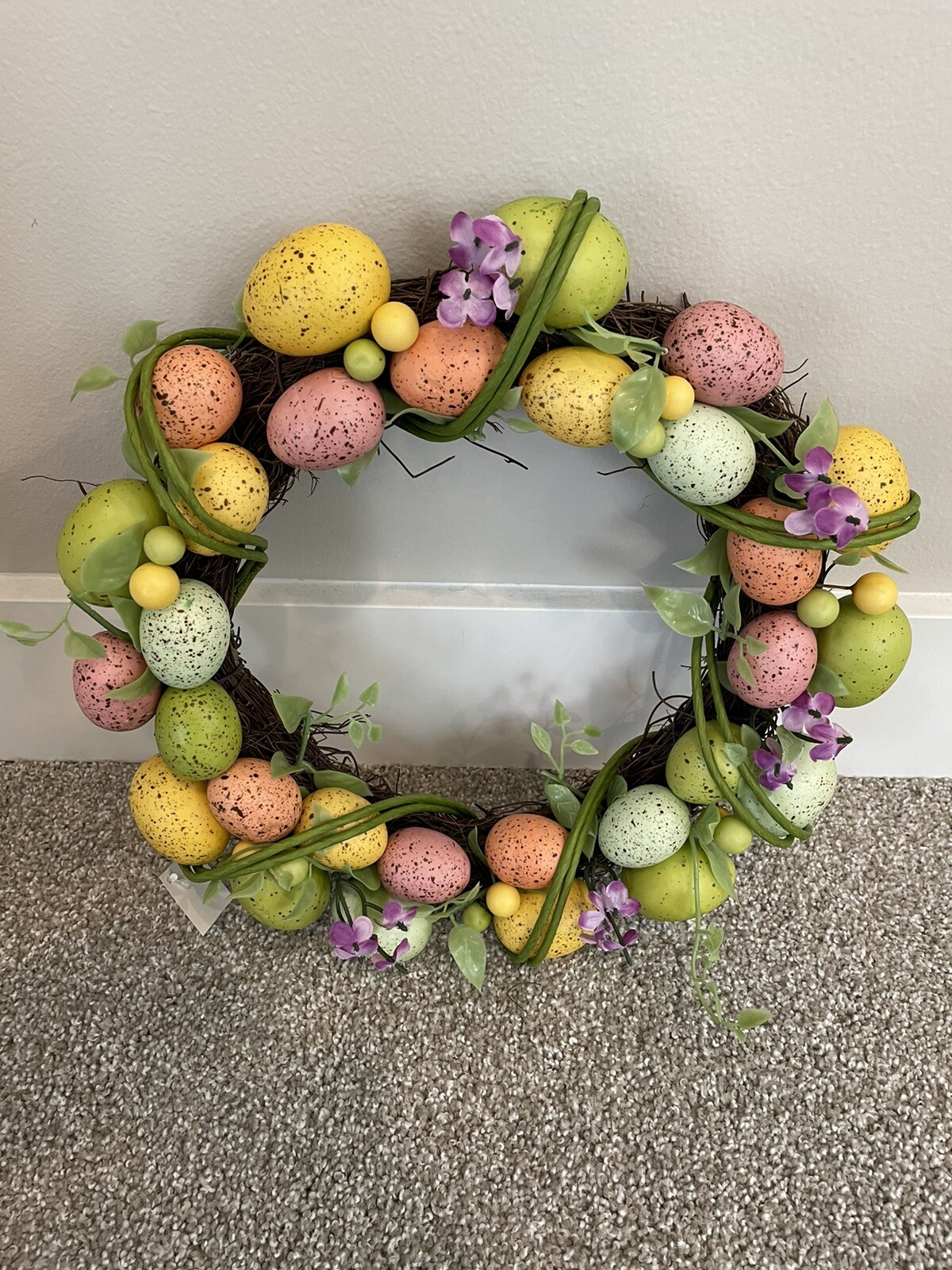 Easter Wreath Grapevine Speckled Wall Decoration 15″ Dia Flowers NEW!