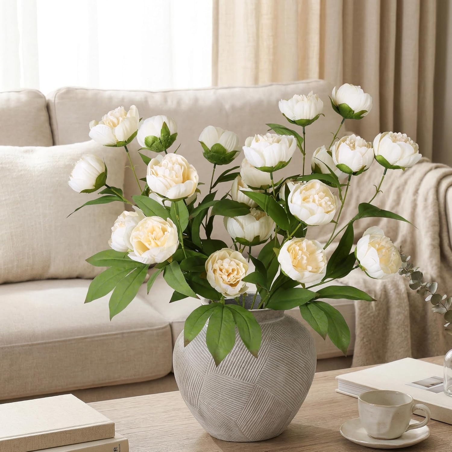 florisso 6 Pcs Peony Artificial Flowers for Vase 27″ – Fake Stems (Beige) | Bulk