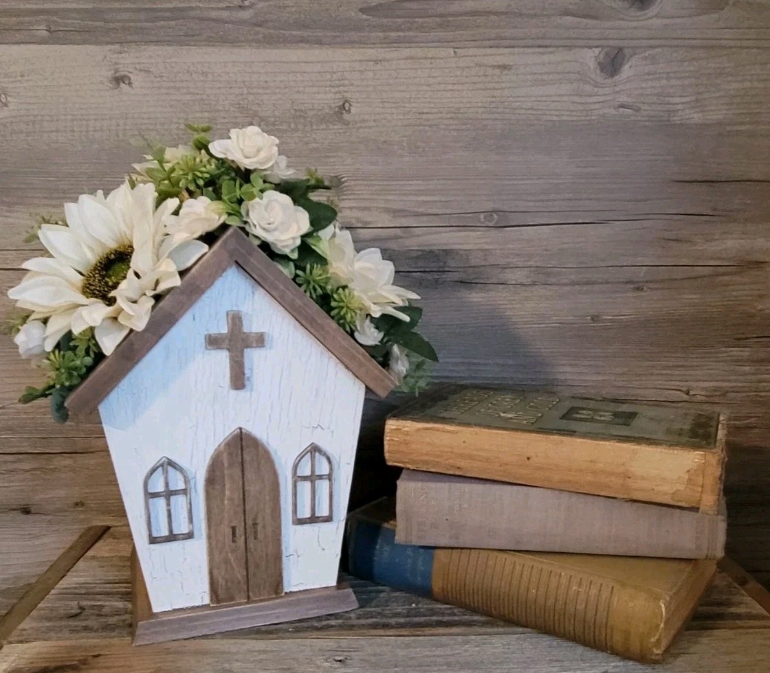 Faux Flower Arrangement Church Wood Box Decor