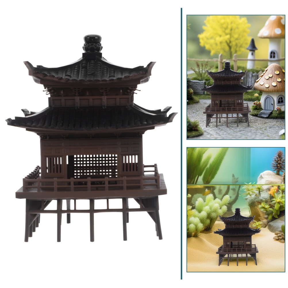 Light Brown Micro Landscape Pavilion Statue Plastic Decor for Home and Office