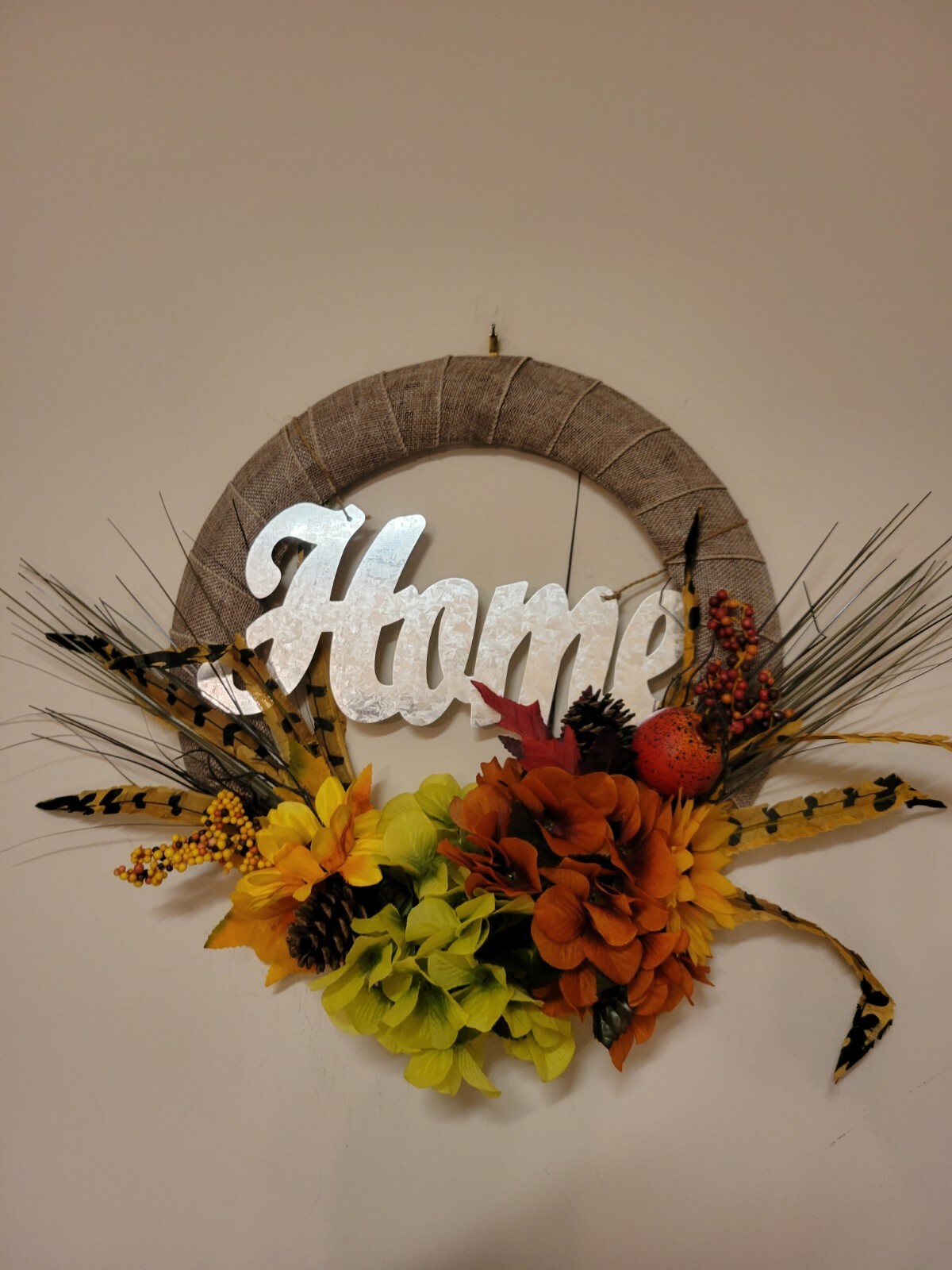 HOME Sunflower Hydrangeas Feather Mini Pomegranate burlap WREATH FALL Front Door