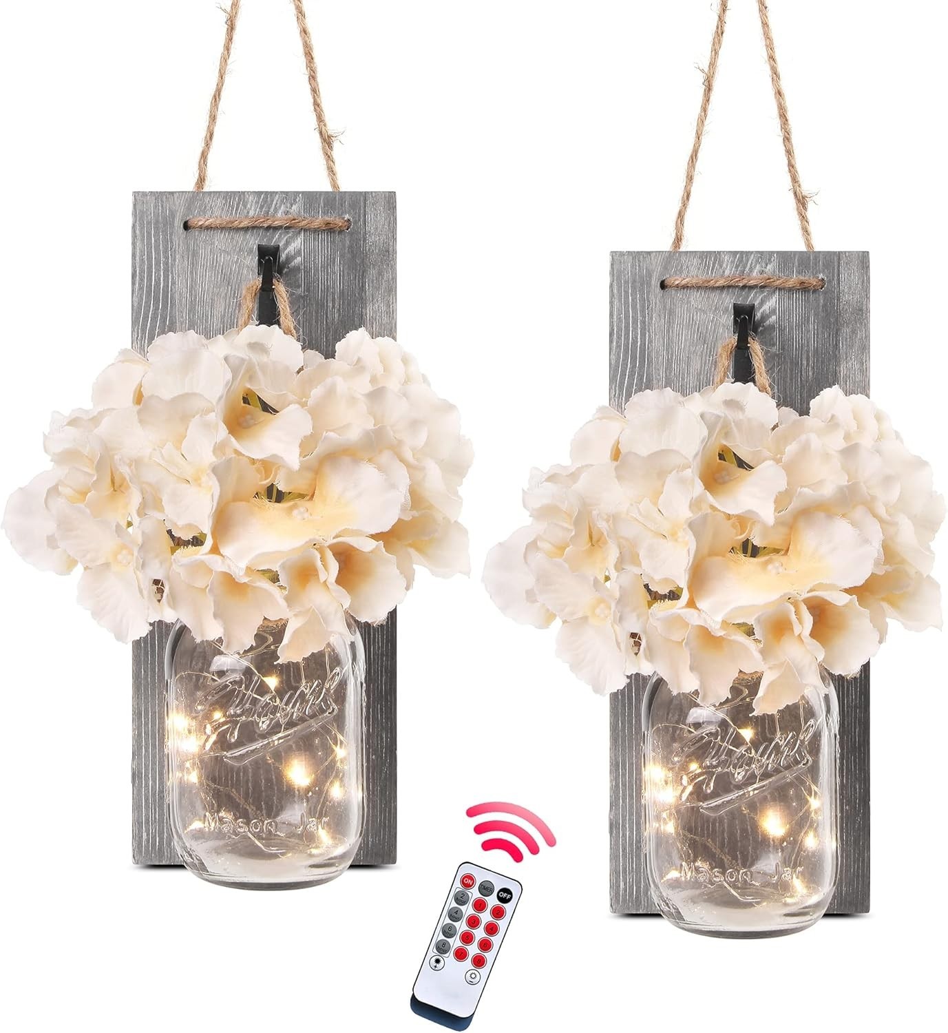 Rustic Wooden Wall Hanging Decor w LED String Lights, 6 Hour Timer Set of 2 Grey