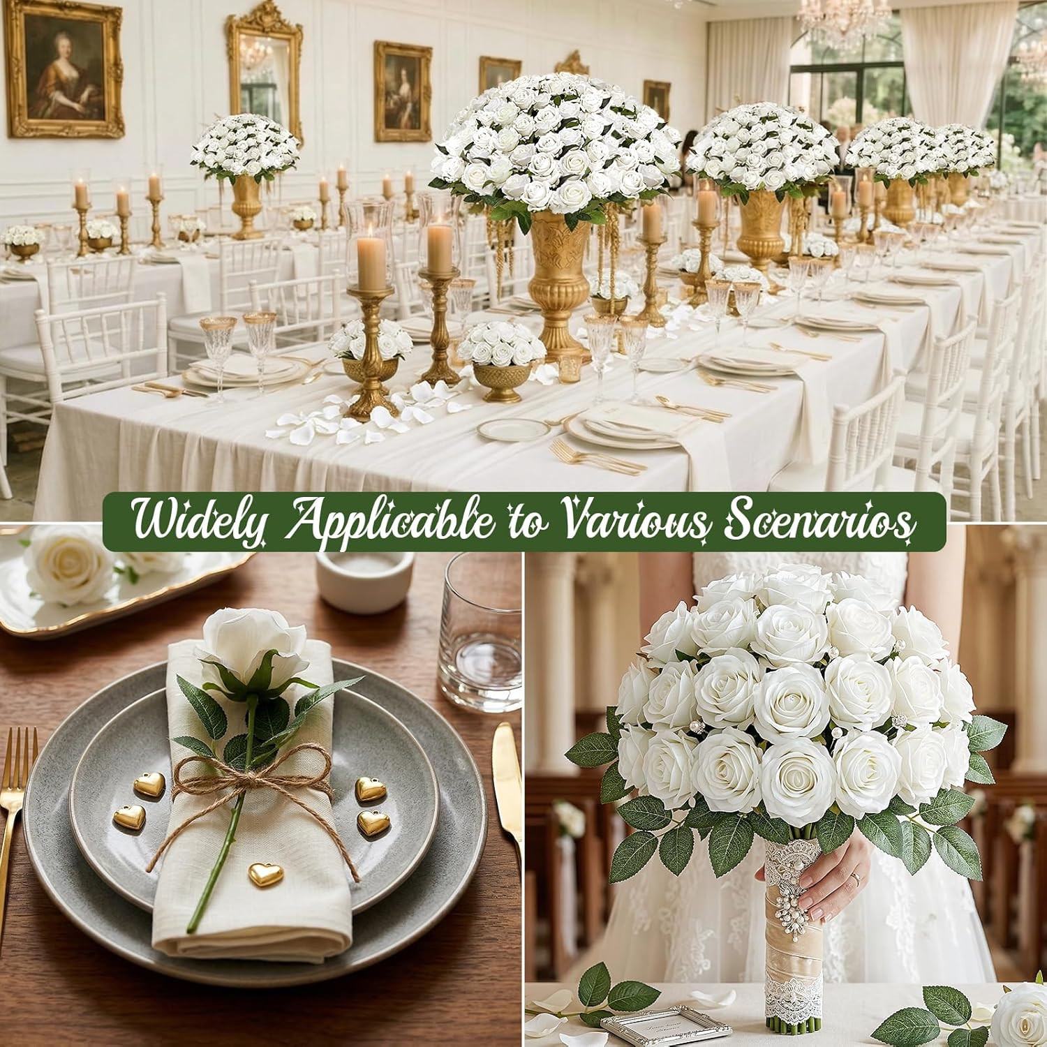 400 Pcs Roses Artificial Flowers – Fake White Roses with Long Stems Bulk Velvet