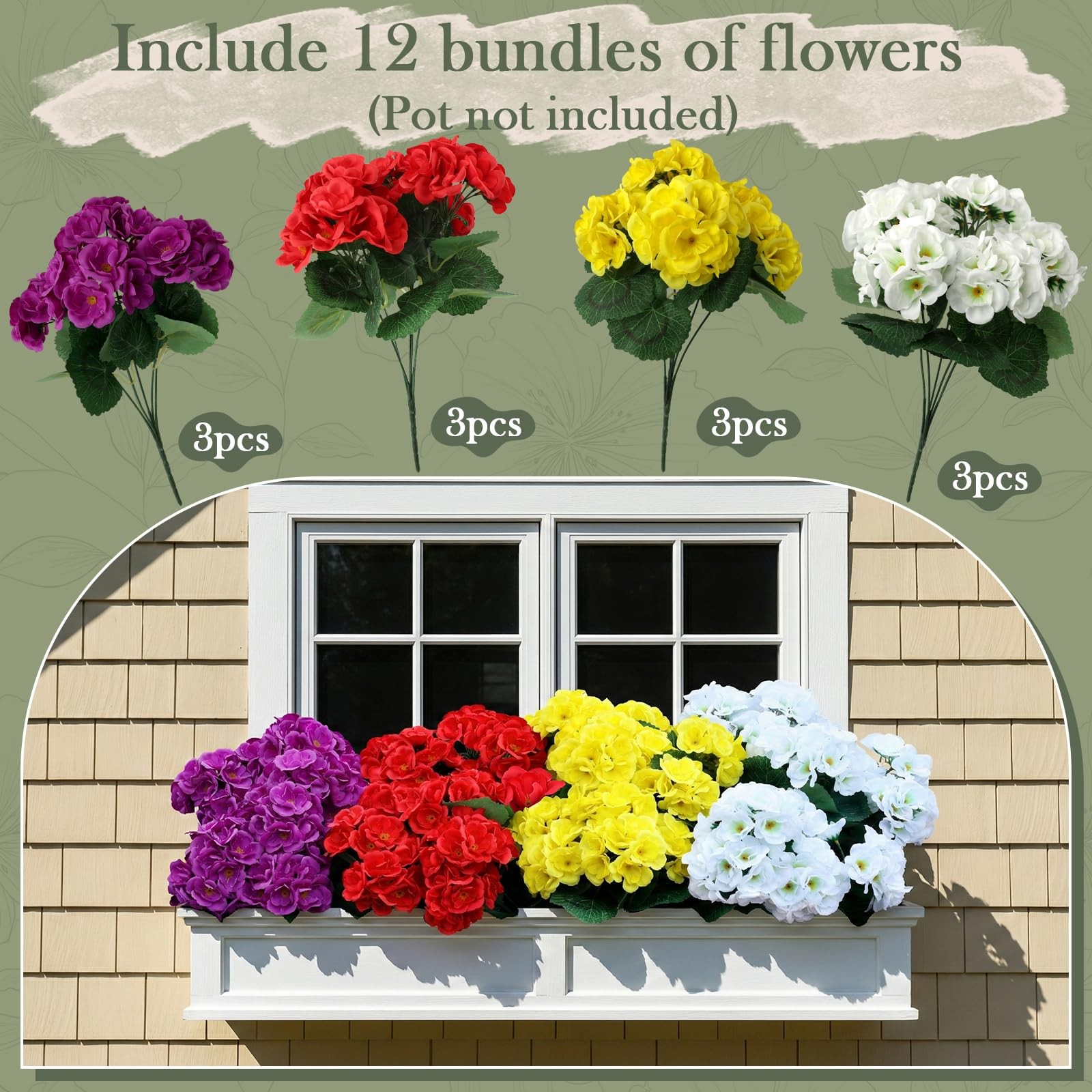 AMORISE12 Pack Artificial Geraniums for Outdoors,UV Resistant Fake Geranium P…
