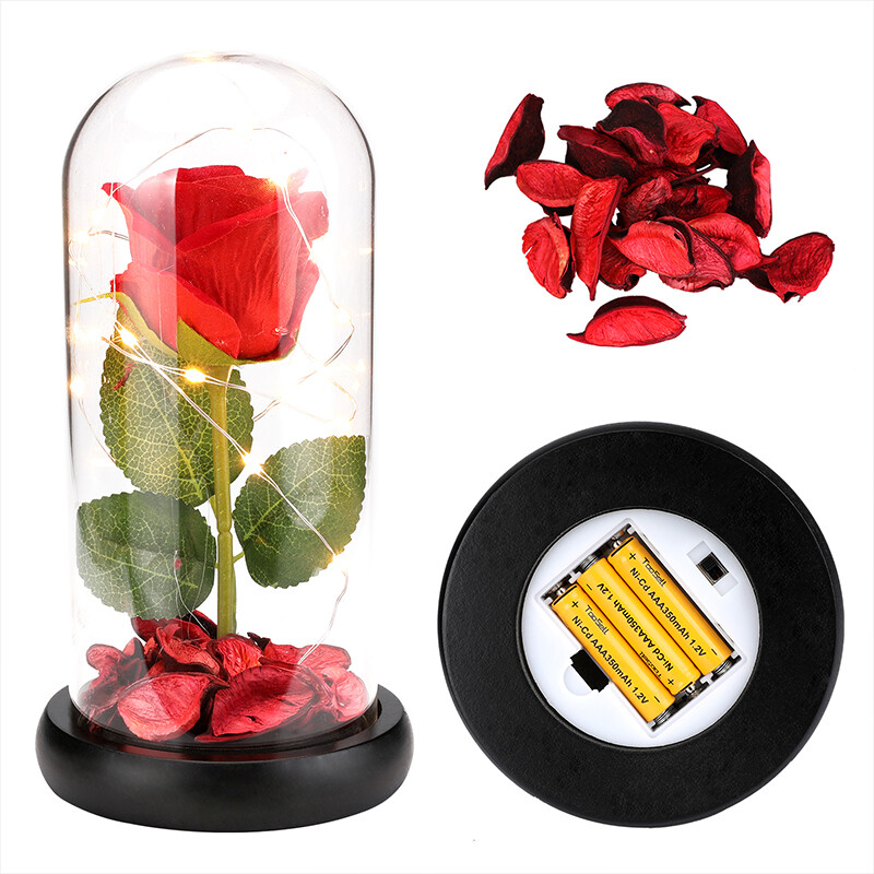 Rose in Glass Dome Preserved Flower Decortions Dome w/ LED Lights Gifts for Her