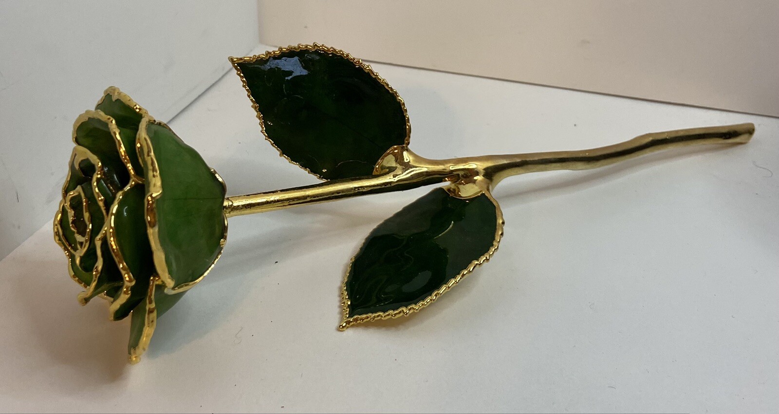 11″ EMERALD GREEN, GOLD DIPPED ROSE, ENAMELED AND DIPPED. LONG STEM ROSE. VGC