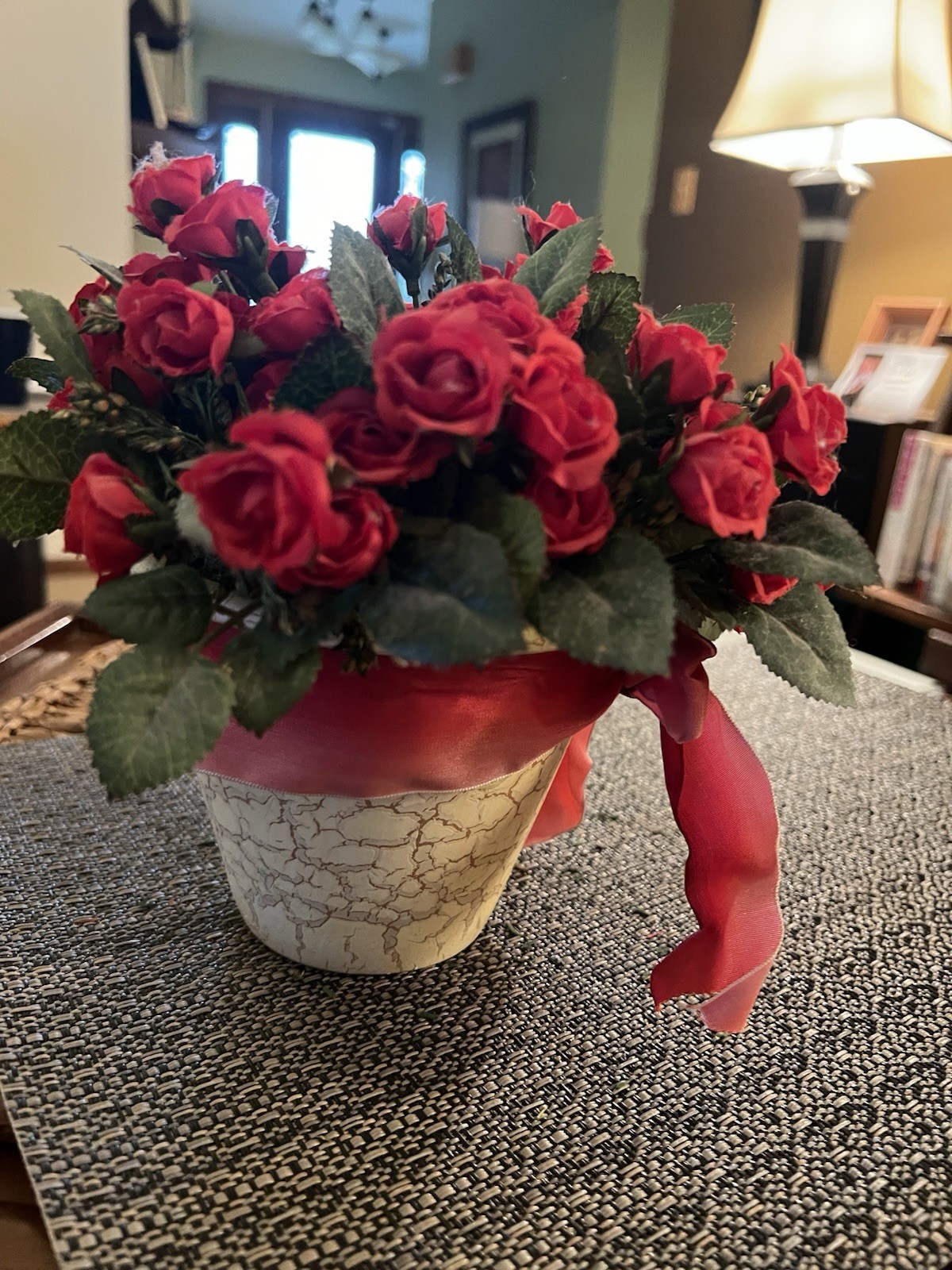 Red Rose Floral Arrangement in Crackle Pot Faux Silk Flowers Valentine Decor