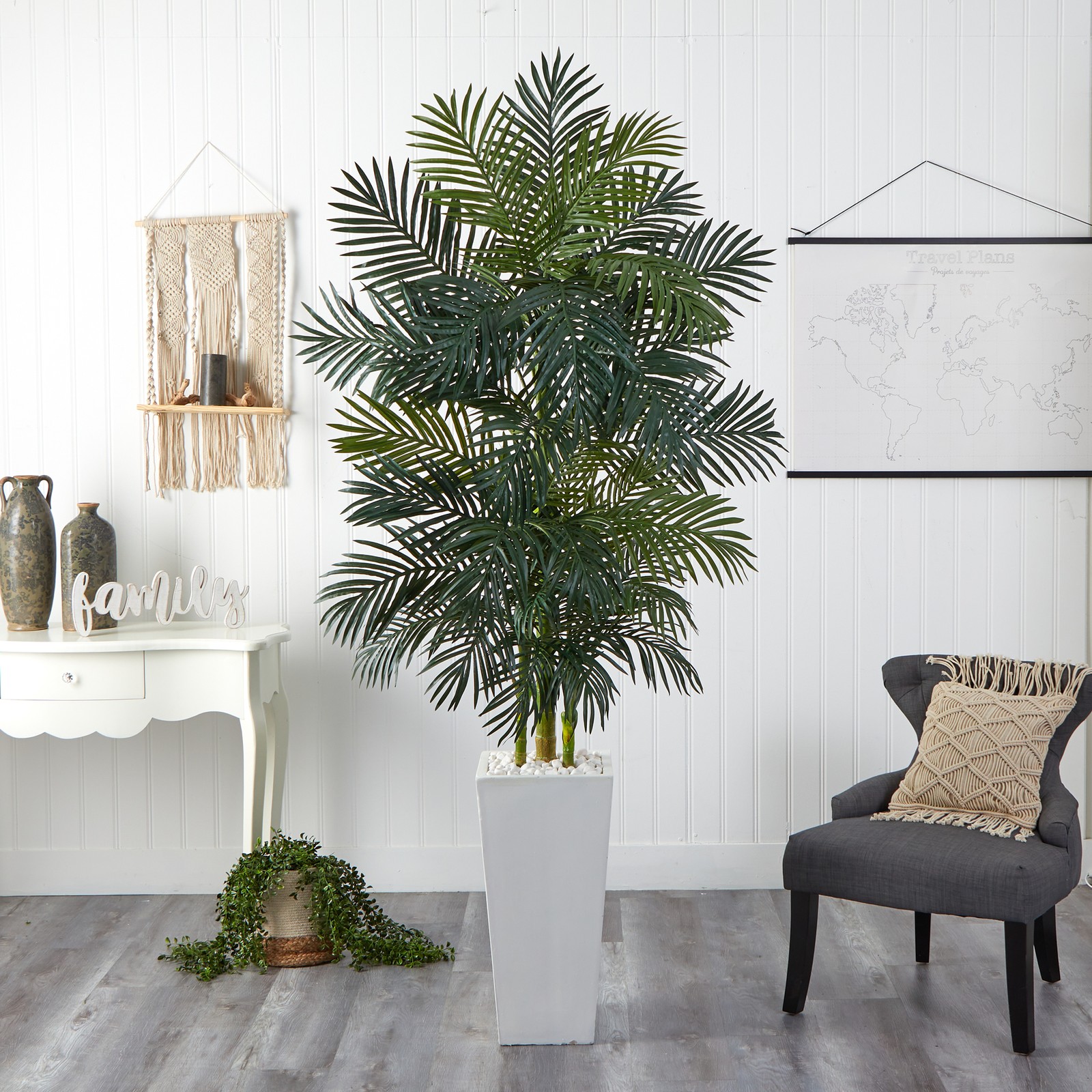 Nearly Natural Golden Cane Palm Artificial Tree in White Tower Planter in Green