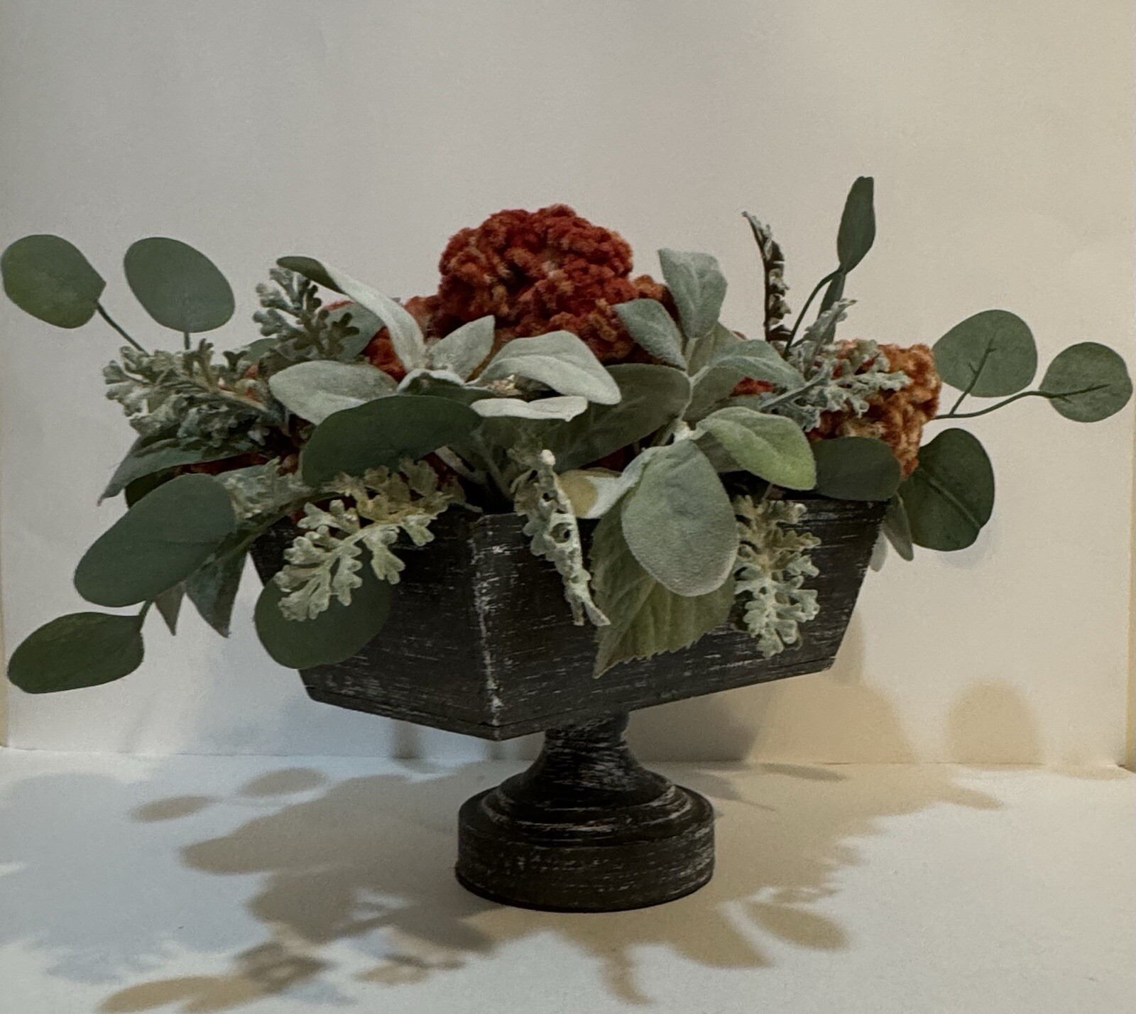 Orange Dried Floral Centerpiece Decor & Faux Green Leaves Metal Base Wooden Box