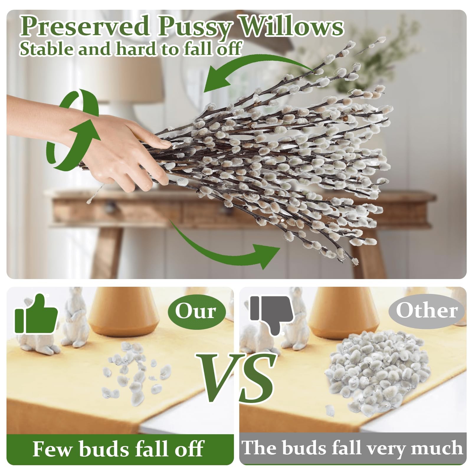 30 Stems Real Dried Pussywillow Preserved Greenery Branches for Vase- Natural