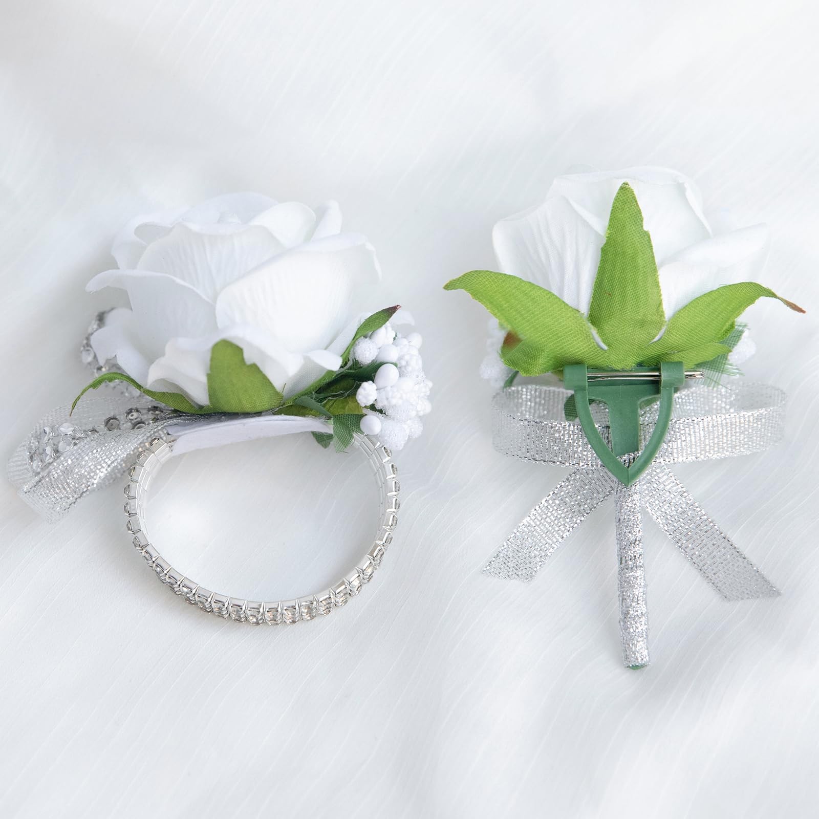 White Rose Wrist Corsage And Boutonniere Set Wedding Prom Flower 2 PCS
