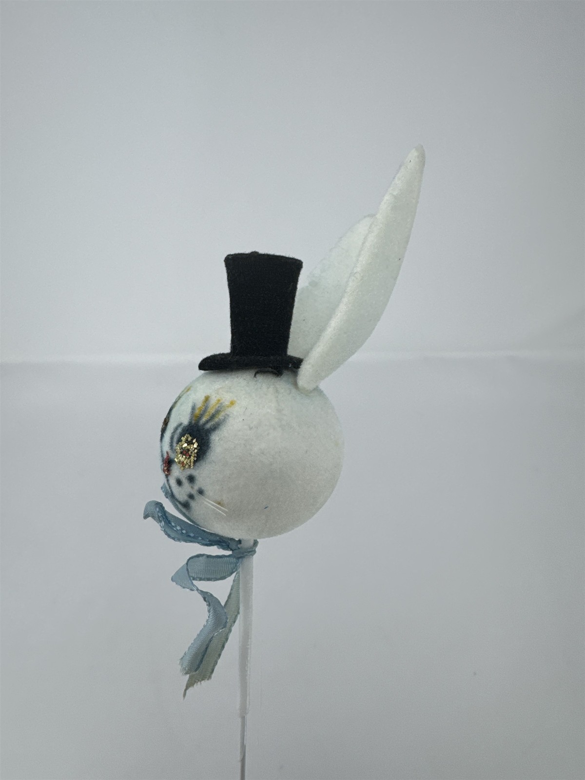 Vtg Easter Flocked Bunny Head Floral Pick Top Hat Blue Ribbon Felt Rabbit 11″