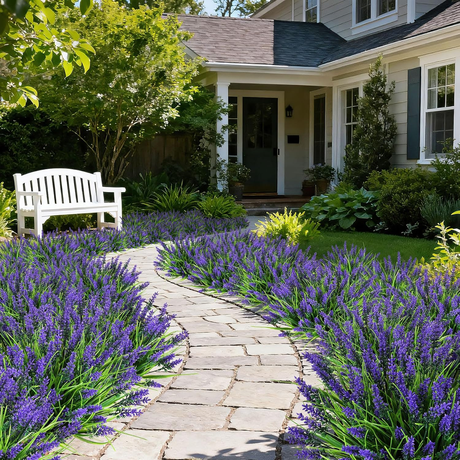 16 Bundles Artificial Plants Outdoor, UV Resistant Fake Lavender & Monkey Grass,