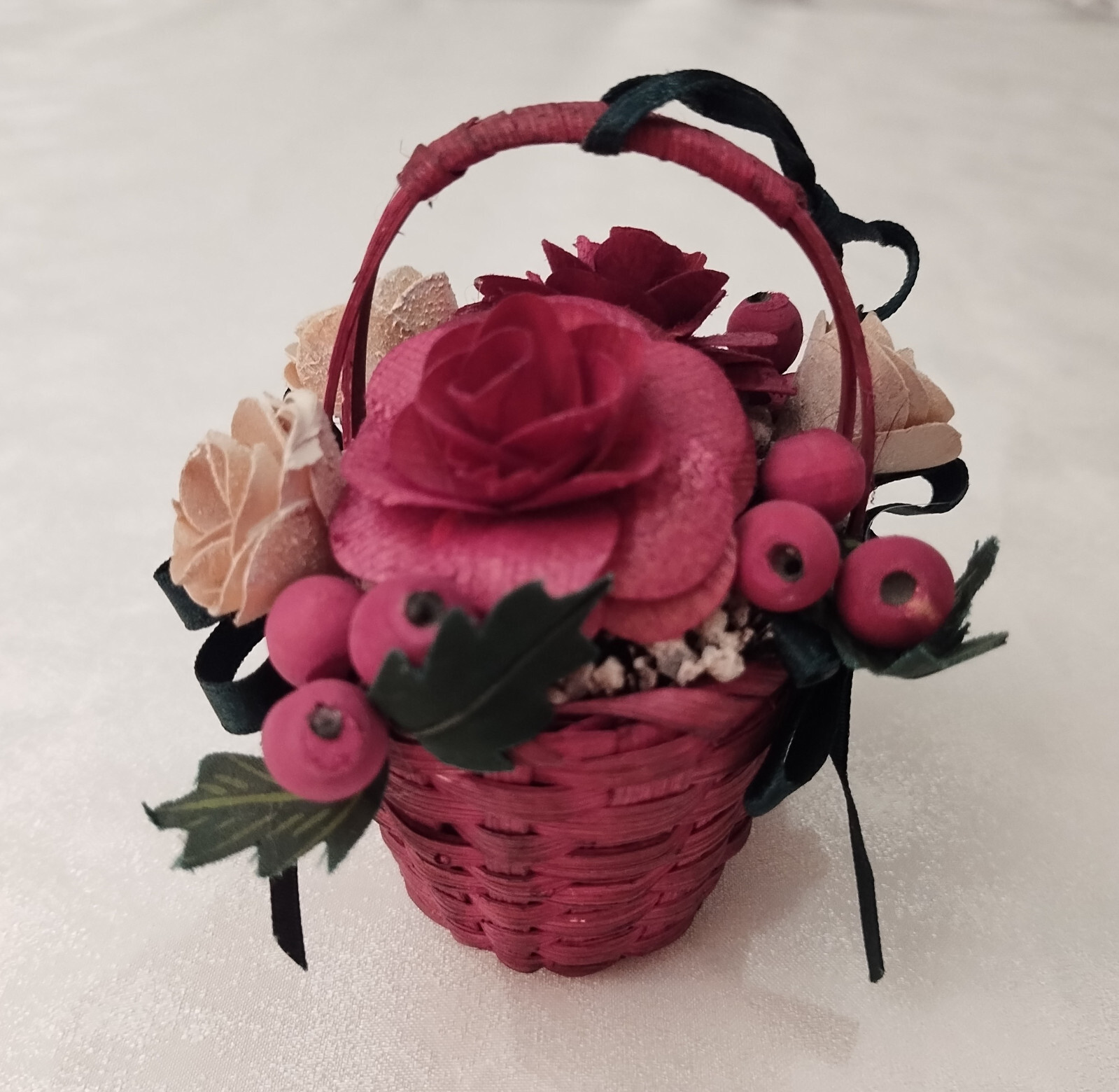 Miniature Sola Wood Roses and Berries Basket Hanging Ornament Burgundy Cream
