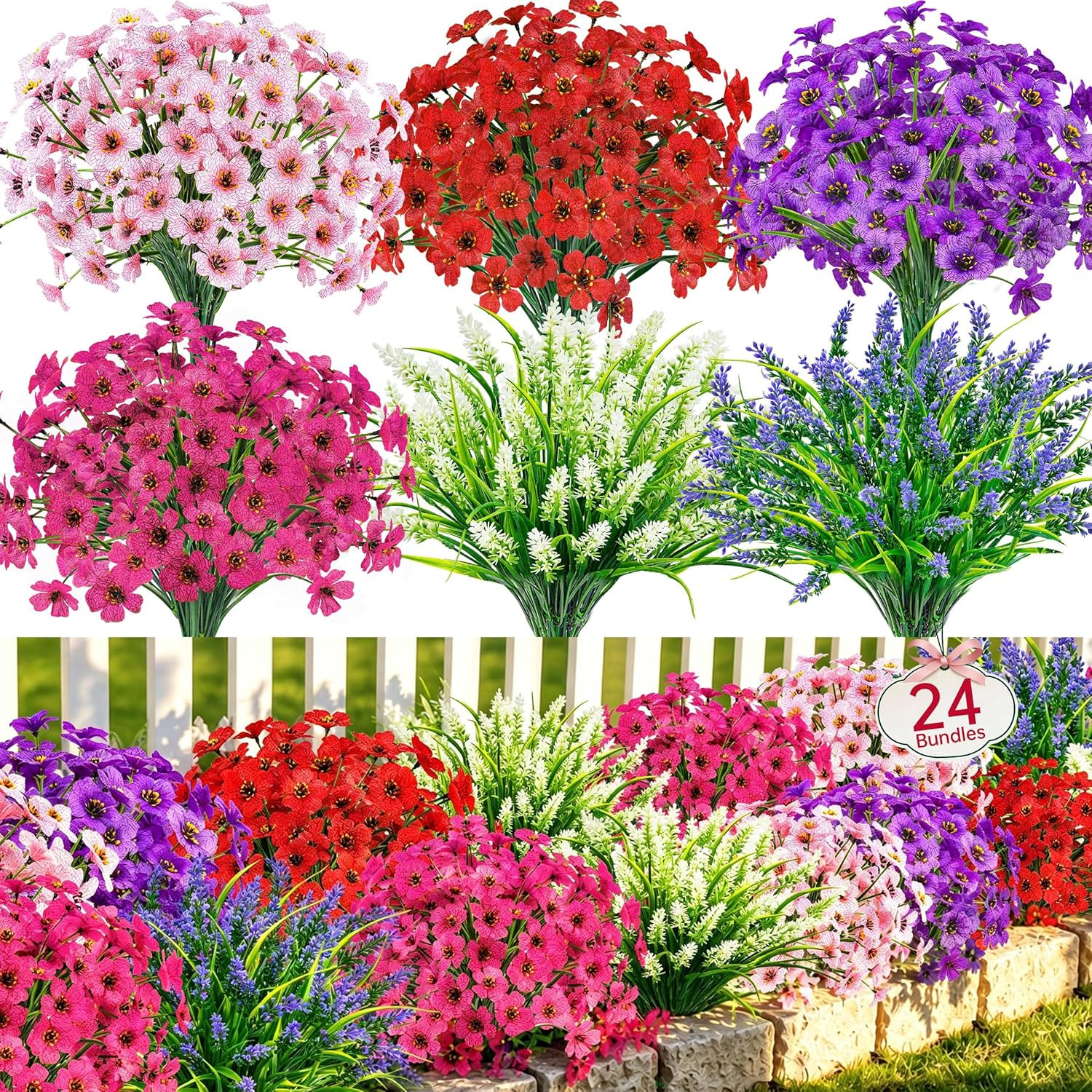 Der Rose 24 Bundles UV Resistant Artificial Flowers for Outdoors Mixed Colors Fa