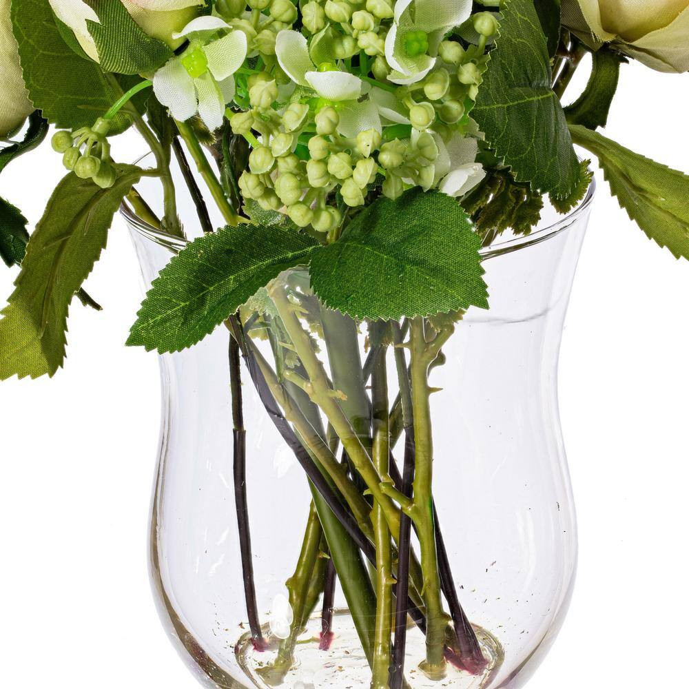 11 In. Pink Artificial Rose Floral Arrangement in Glass Vase