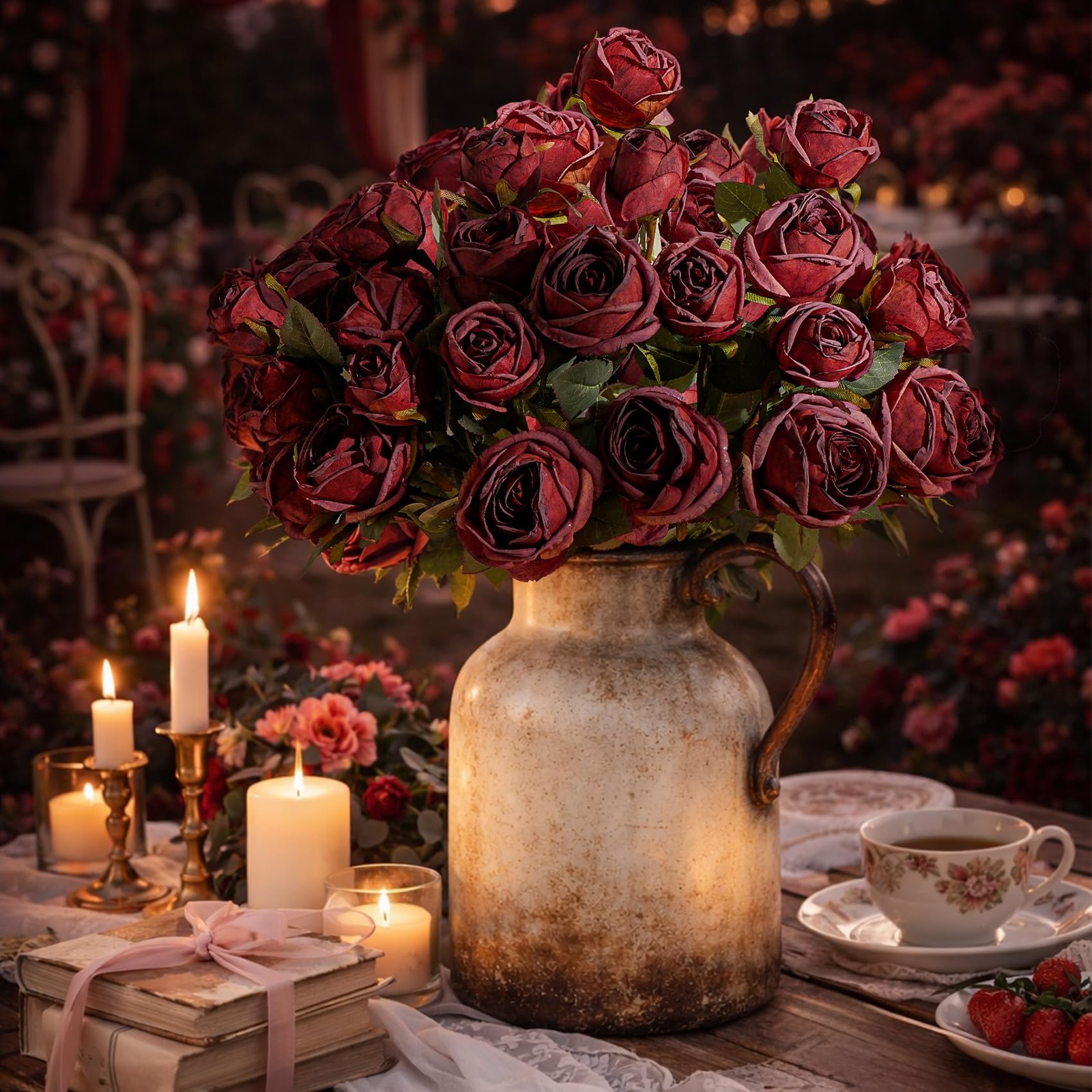 Burgundy Garden Style Silk Artificial Fake Rose Flowers Loose Bouquet 20 PCS