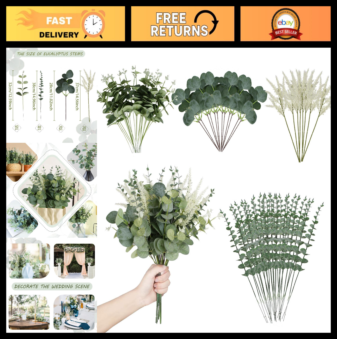 120 Pcs Mixed Artificial Eucalyptus Leaves Stems – Faux Silver Dollar for DIY Fl