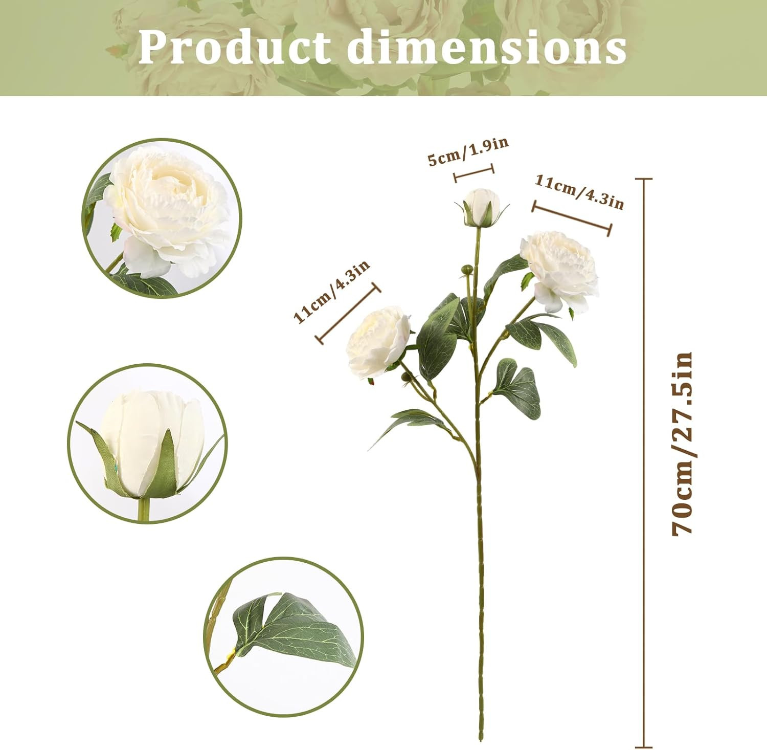 White Peonies Artificial Flowers,4 Pcs 27.5“ Faux Silk Peonies with Stems Real L