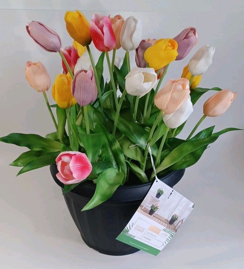 House & Garden Large Potted Faux Tulips, Just Drop In Your Favorite Planter,…