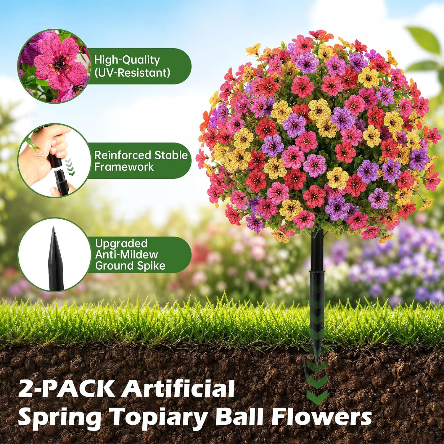 22″ UV Resistant Artificial Topiary Ball Flowers for Indoor/Outdoor Decor – 2 Pc