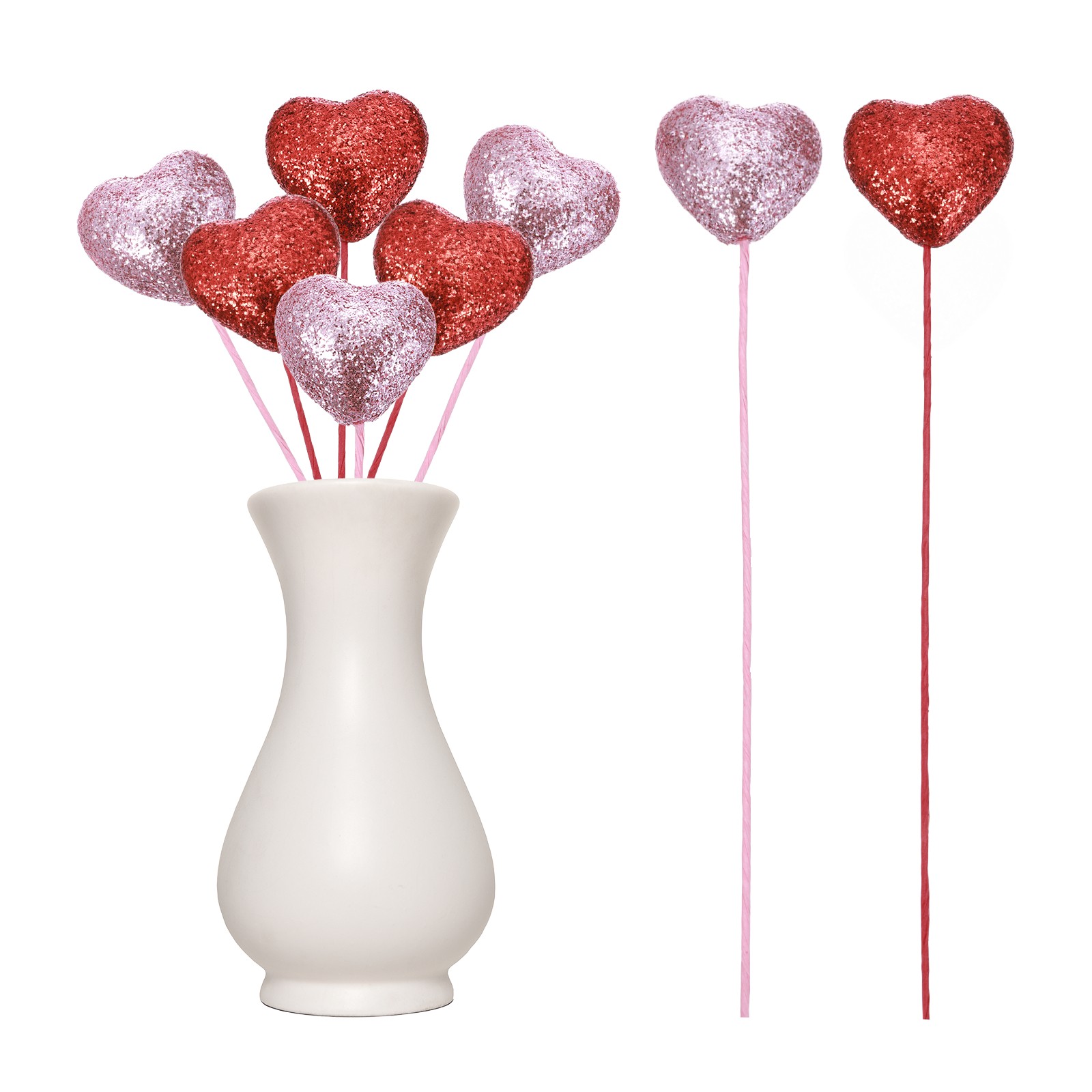 6 Pcs Glitter Heart Shaped Picks Puffy Foam Hearts Stick (Red/Pink, 4cm x 22cm)
