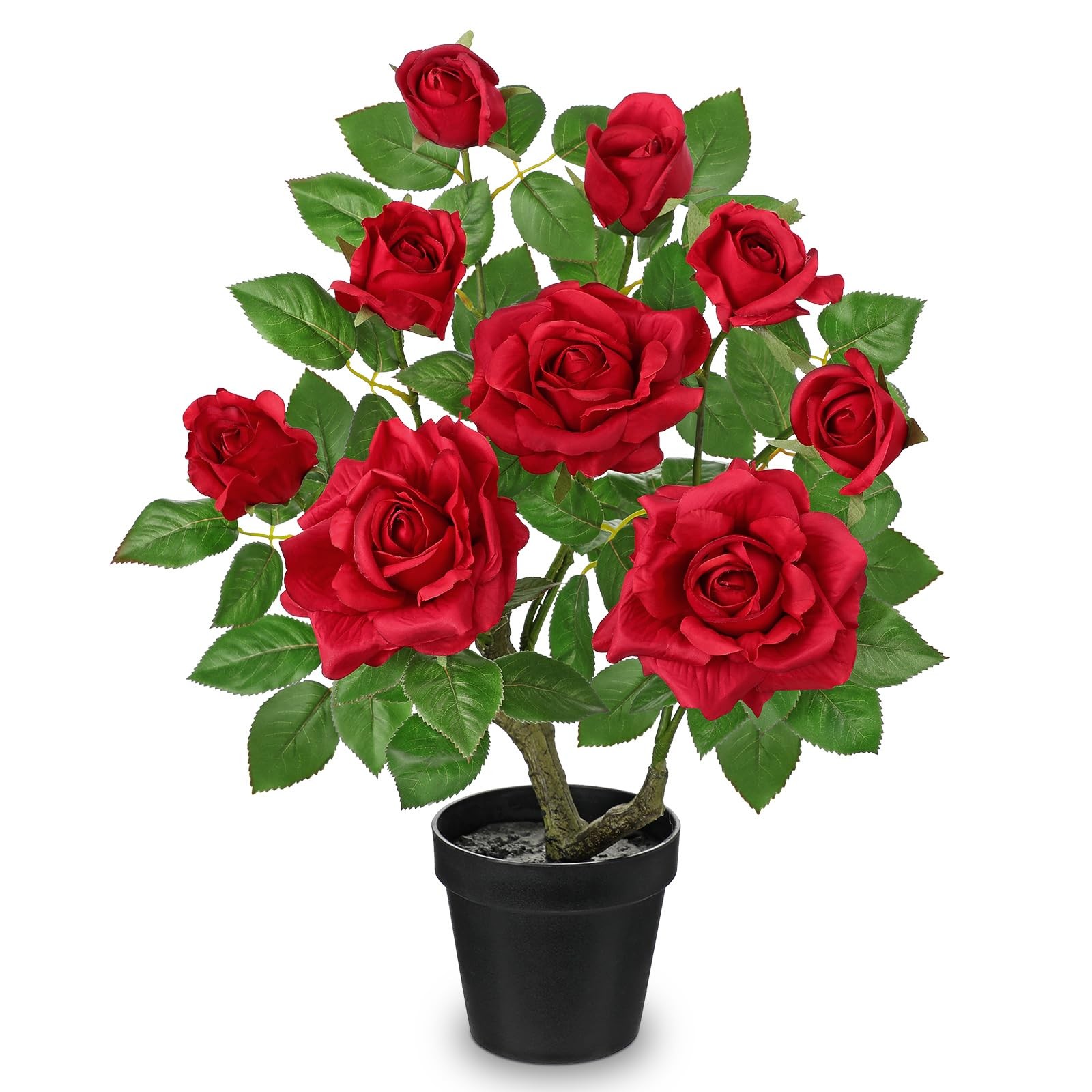 Artificial Rose Flowers Potted Plant – 17.7″ Small Fake Red Roses Tree with B…