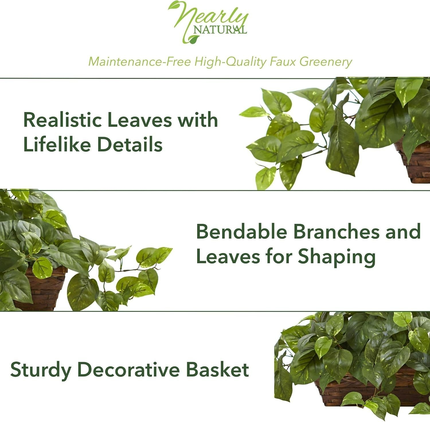 34” Artificial Pothos Ivy Plant in Ledge Basket for Effortless Home Elegance