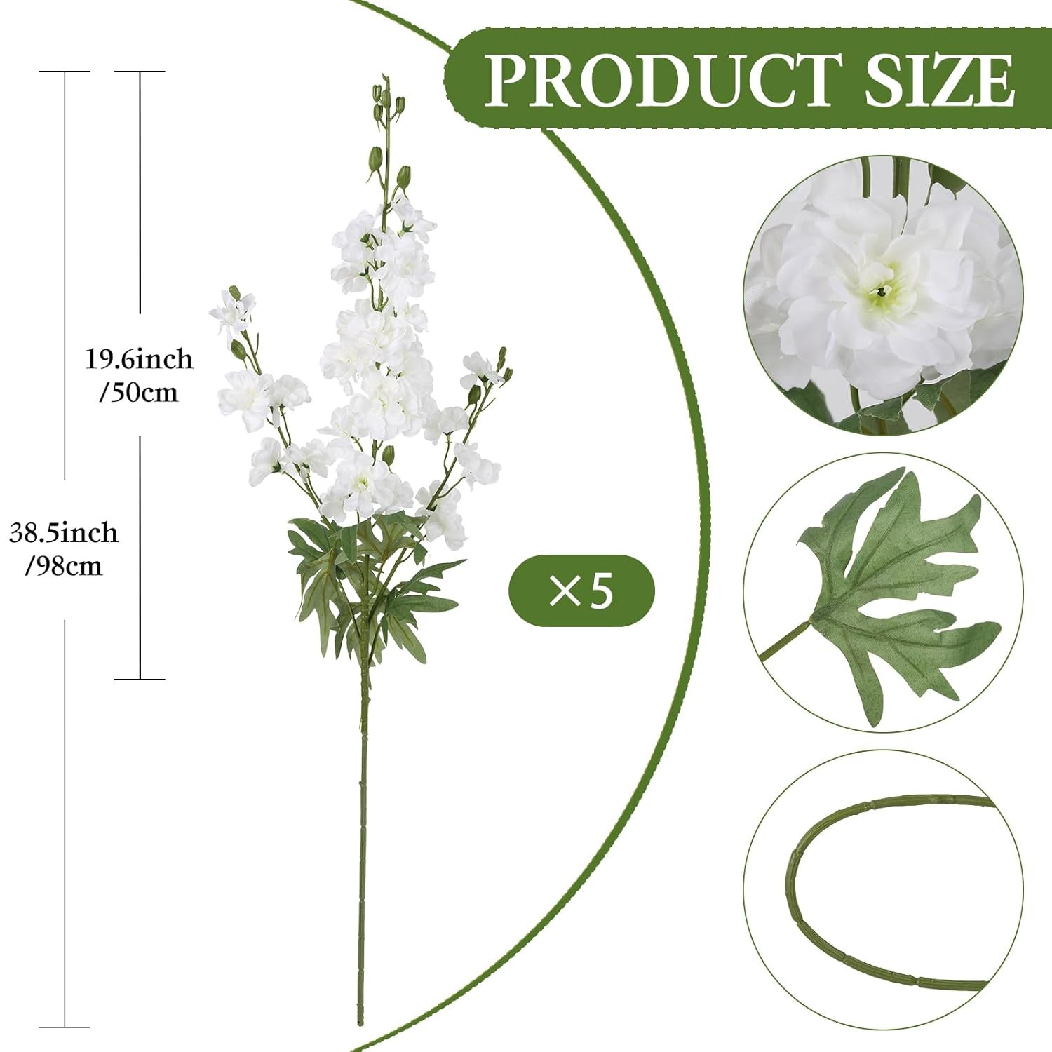 White Delphinium Artificial Flowers 5PCS 38.5″ Tall Stems for Floor Vase