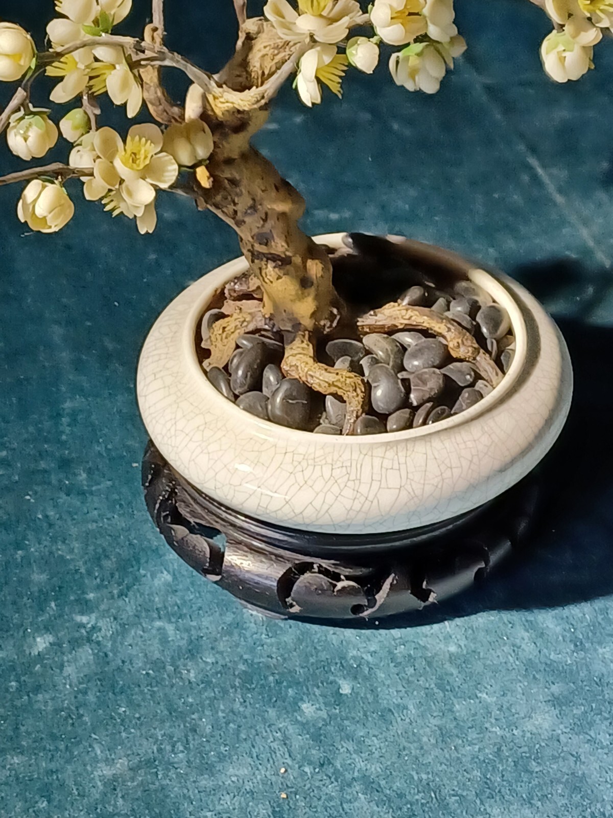 Bonsai Tree Vintage Retro 14″ Artificial Plum Blossom ceramic pot wood pedestal